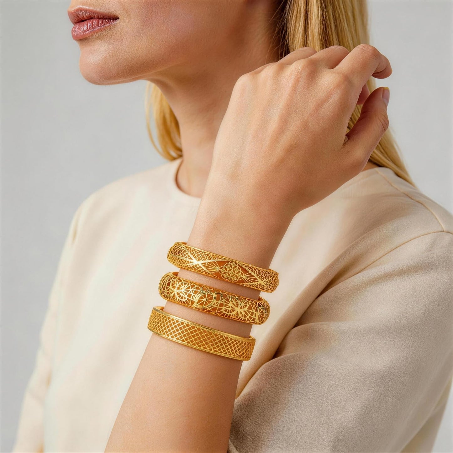 FIVESWEET 18K Gold Plated Women's Bangle Bracelet Set - Stackable Bulk Bracelets with Hollow Out Carving, Geometric Pattern, Flower & Butterfly Designs, Minimalist Stylish Elegant, Tarnish & Oxidation Resistant, Gift for Her Girlfriend Wife Mom Sister Lov