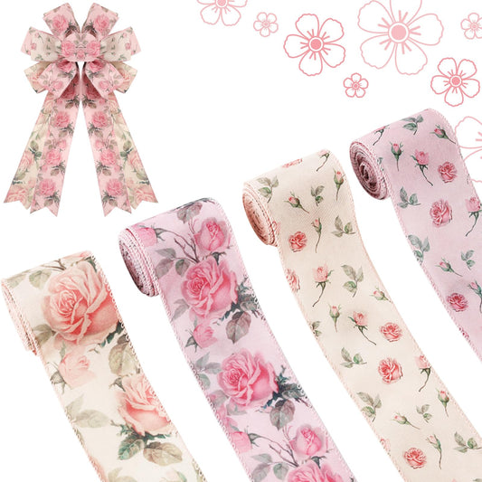 4 Rolls Spring Ribbon Wired, Vintage Pink Rose Floral Fabric Ribbon for Gifts Wrapping DIY Crafts Wreath Bow Making Supplies Easter Party Decoration Wedding Baby Shower Home Farmhouse, 5 Yds x 2.5 in