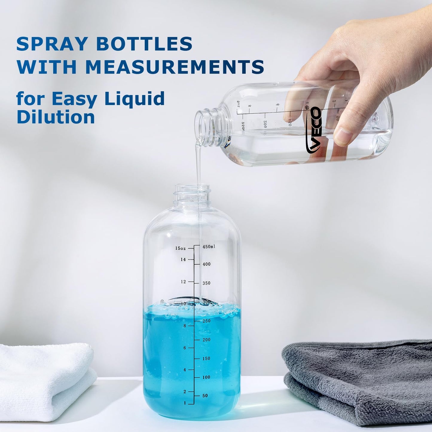 Veco 500mL (17oz) Graduated Spray Bottles, 4-Pack — 360° Any-Angle Spraying for Easy Dilution, Leak-Resistant spray bottles for Cleaning, Plants, Hair & Pet Use + Foldable Funnel