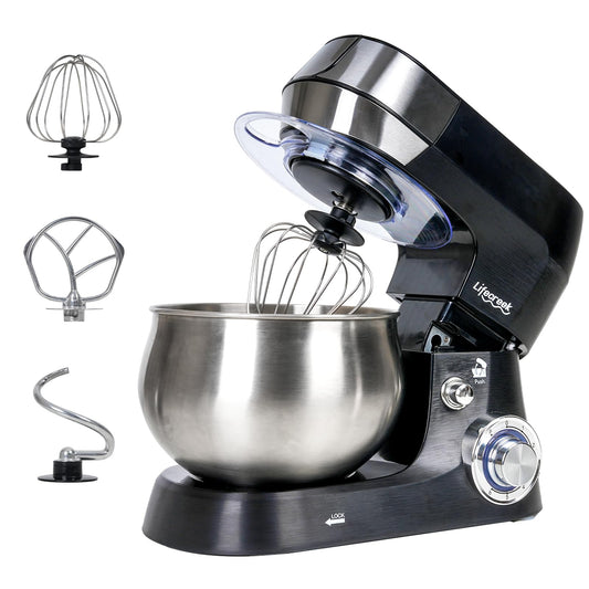 Lifecreek 3-in-1 Stand Mixer, 5.3Qt 660W, 6-Speed Tilt-head Food Mixer, Electric Kitchen Portable Lightweight Mixer with Stainless Steel Bowl, Dough Hook, Whisk, Beater(Black)