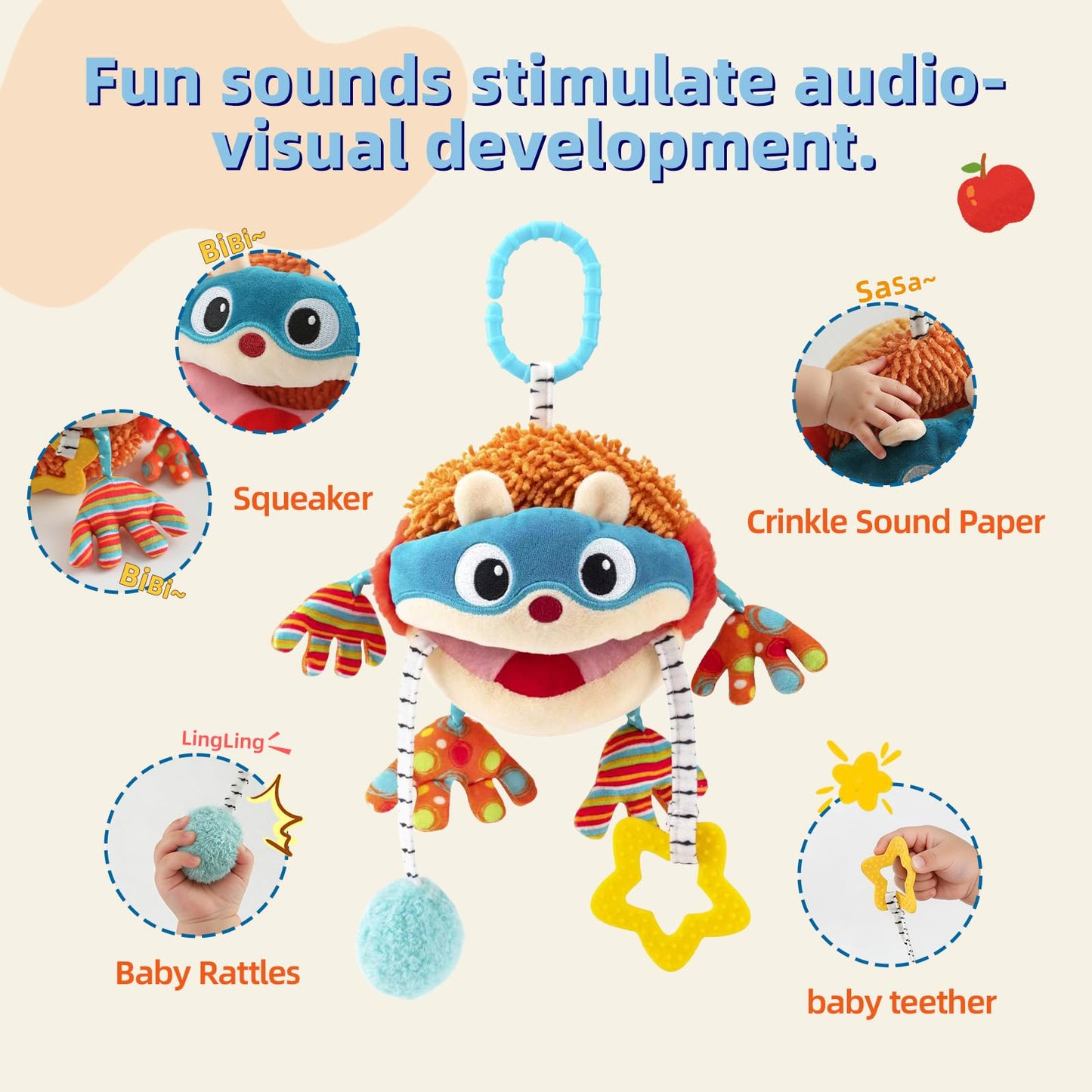 Baby Car Seat Toys Hanging- Sensory Ball Travel Toys for 6 7 8 9 10 11 12 Monthes with Rattle, Teether, Squeaky, Crinkle,Textures, Soft Montessori Plush Toys Newborn Gift Boys Girls Infant Roadtrip