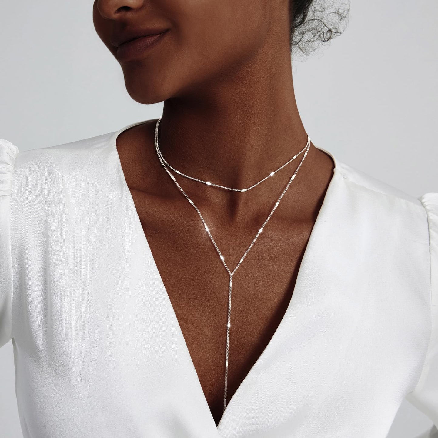 Luxval Silver Necklace for Women Dainty 14K Silver Plated Layered Necklaces for Women Trendy Lariat Beaded Long Necklace Simple Jewelry Gifts