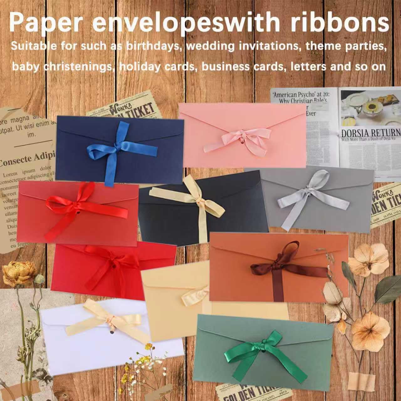 50 Pieces Multicolor Envelopes with Bow Tie Closure, Paper Greeting Card Holders for Invitations Mail Postcard Bills Wedding Party Favors Business Cards, 8.66 x 4.33 Inches
