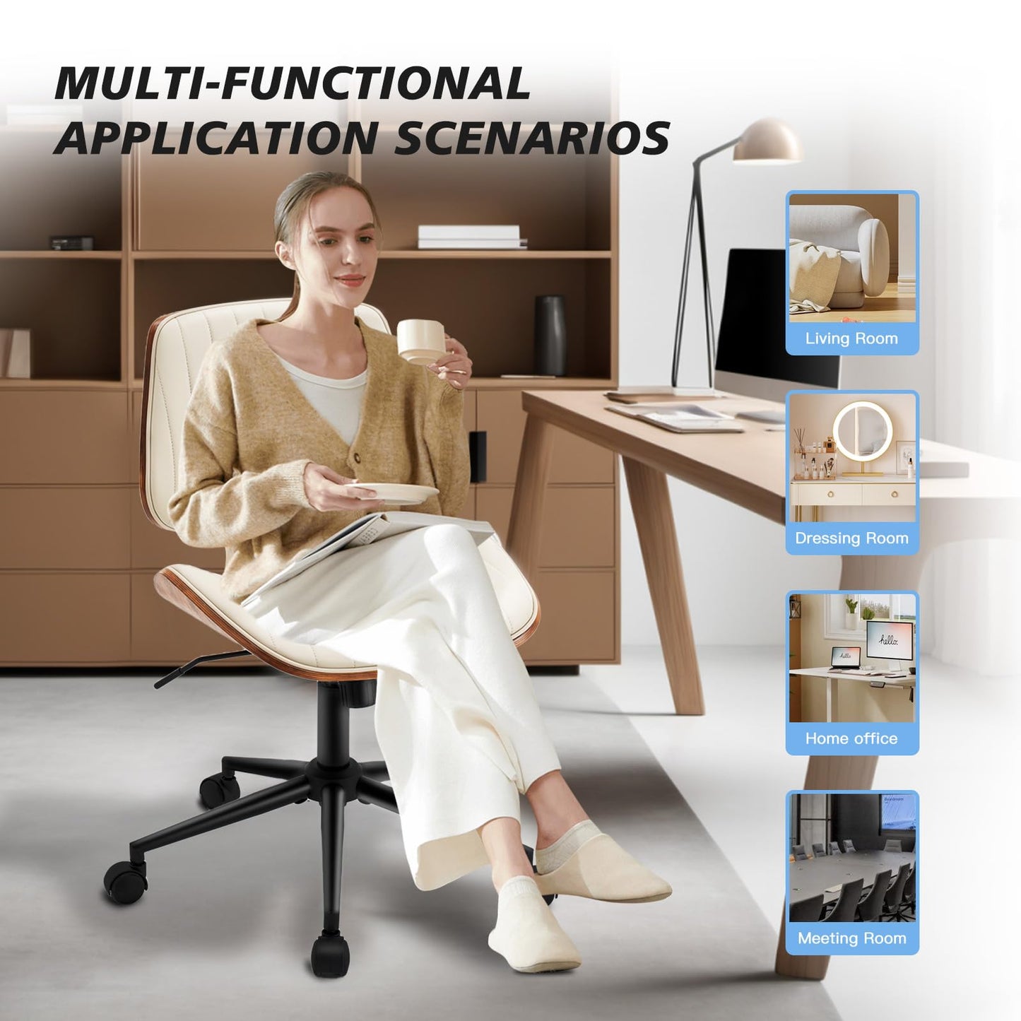 Rongbuk Armless Desk Chair with 360°Swivel Wheels, Ergonomic Adjustable Height Computer Chair for Home Office,PU Leather with Modern Walnut Drafting Chairs for Office, Reading Nook(Beige)