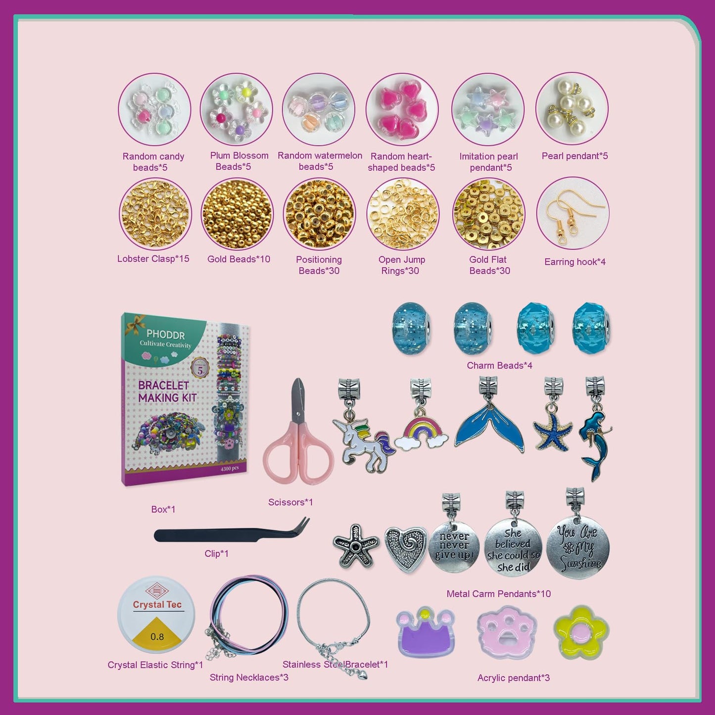 PHODDR Bracelet Making Kit for Girls,4300 piece DIY Jewelry Crafts Set, Including Beads and Pendants, Suitable for Girls Age 5-12 Birthday Gifts