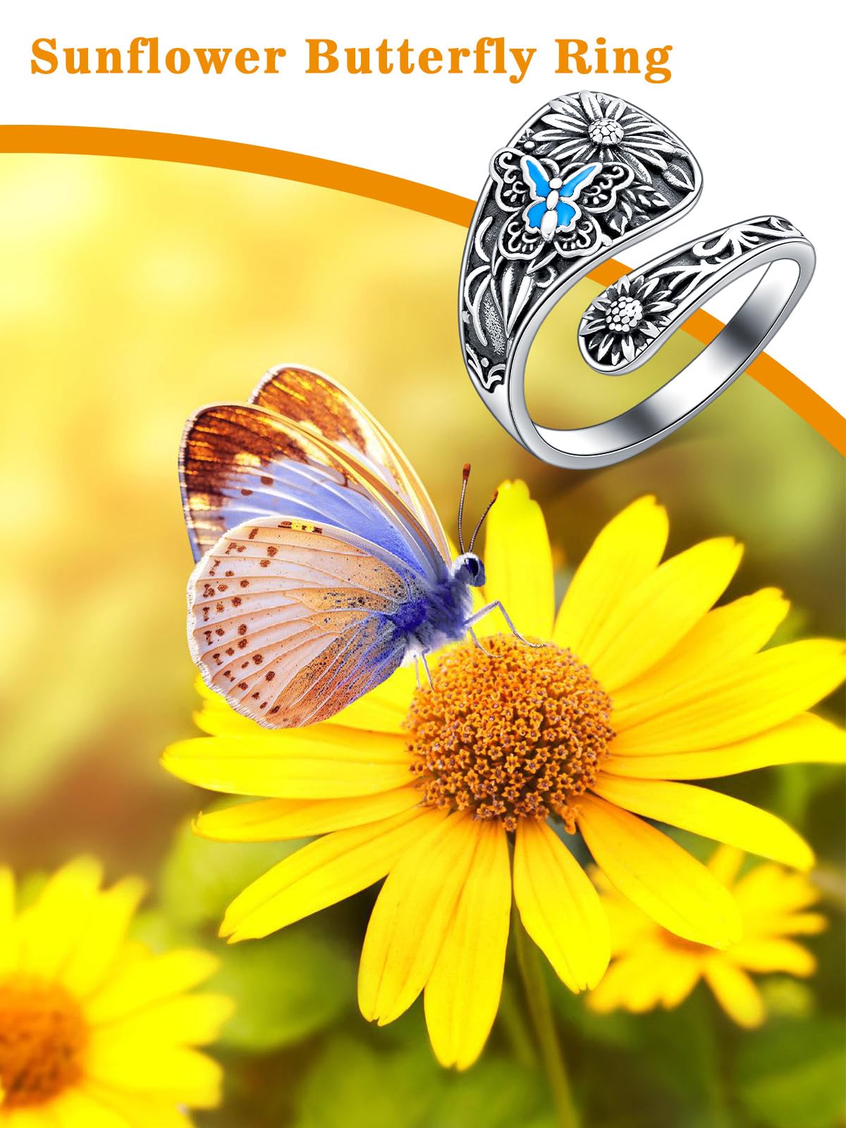 Midari Butterfly Sunflower Spoon Rings 925 Sterling Silver Butterfly Ring Sunflower Ring for Women Adjustable Thumb Spoon Rings Vintage Finger Open Spoon Rings for Women Daughters