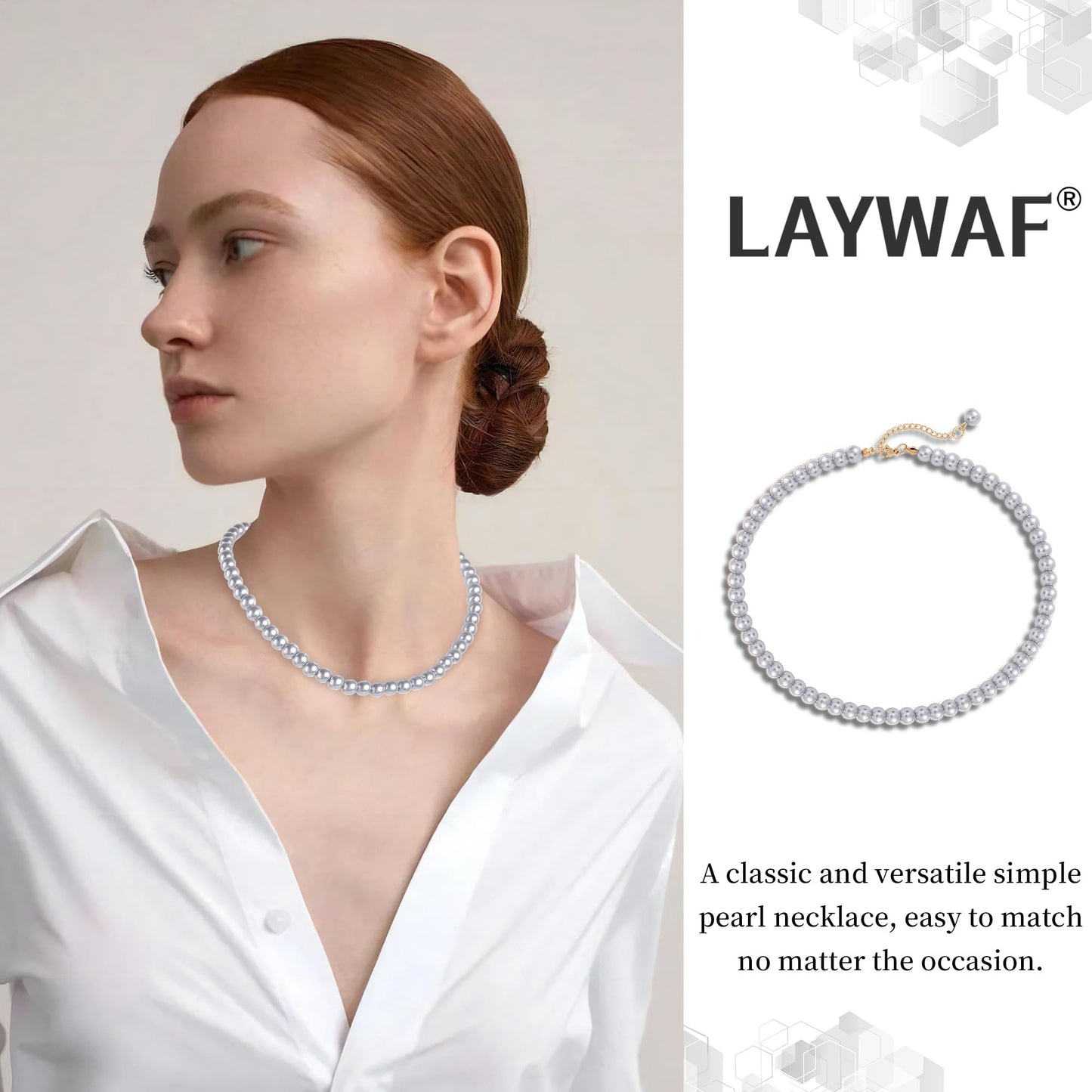 LAYWAF Navajo Imitation Pearl Necklace for Women Mom, Grey Fake Pearl Choker Necklace, 8MM Beaded Necklace, Simple Dainty Faux Pearls Jewelry, Costume Pearl Accessories