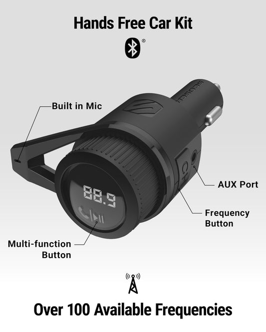 Scosche BTFM9 FM Bluetooth Transmitter Car, Dual 12W USB-C and USB-A Charging Ports, Fast Type C Car Charger, Wireless Radio Bluetooth Adapter, Hands-Free Kit for Calls, Siri and Google Assistant
