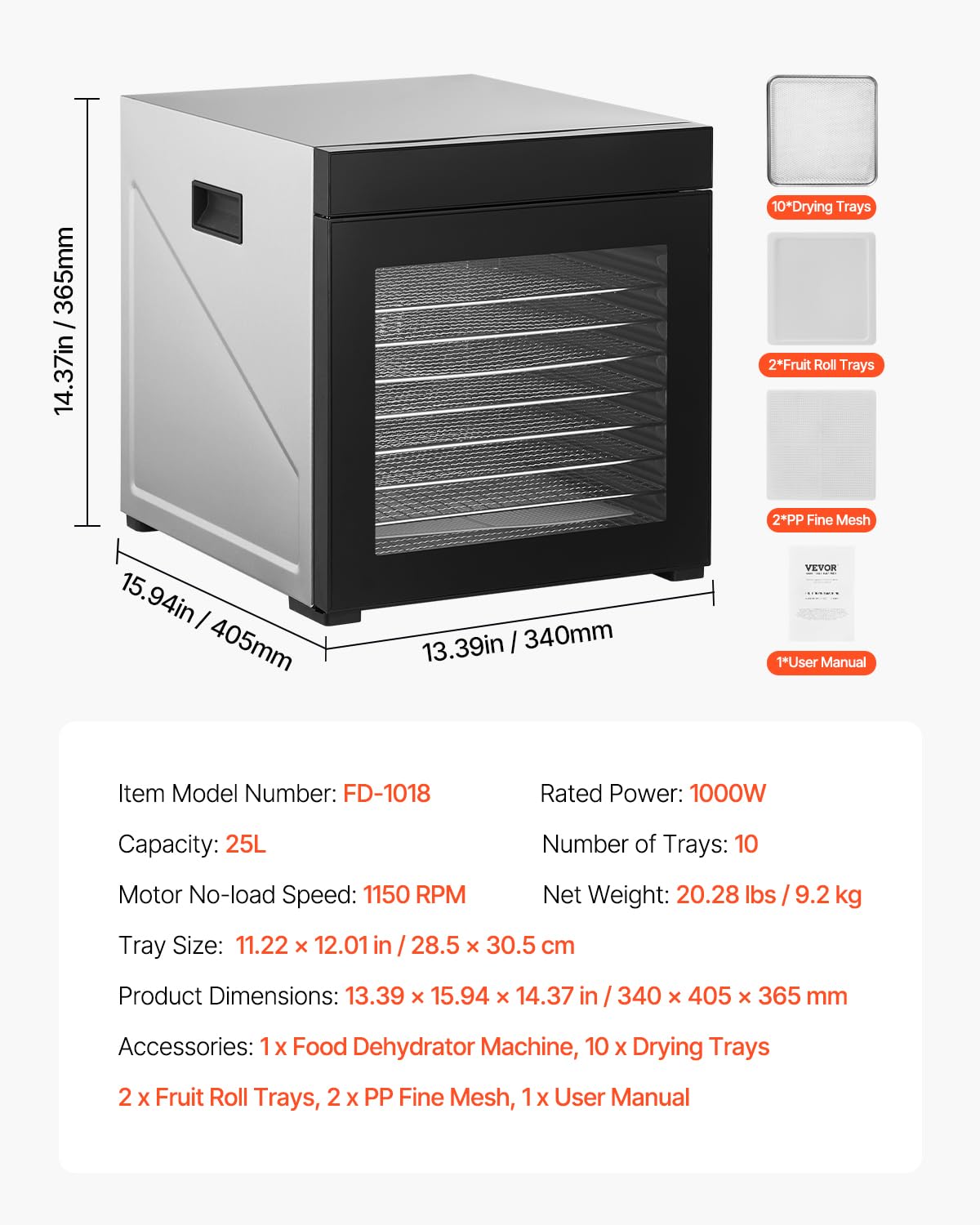 VEVOR Food Dehydrator, 10 Stainless Steel Trays Dehydrators Machine, 1000W Food Dryer with Adjustable Temp & 24-Hour Timer, Food Dehydrator for Jerky Meat Fruit Vegetables Herbs Dog Treats