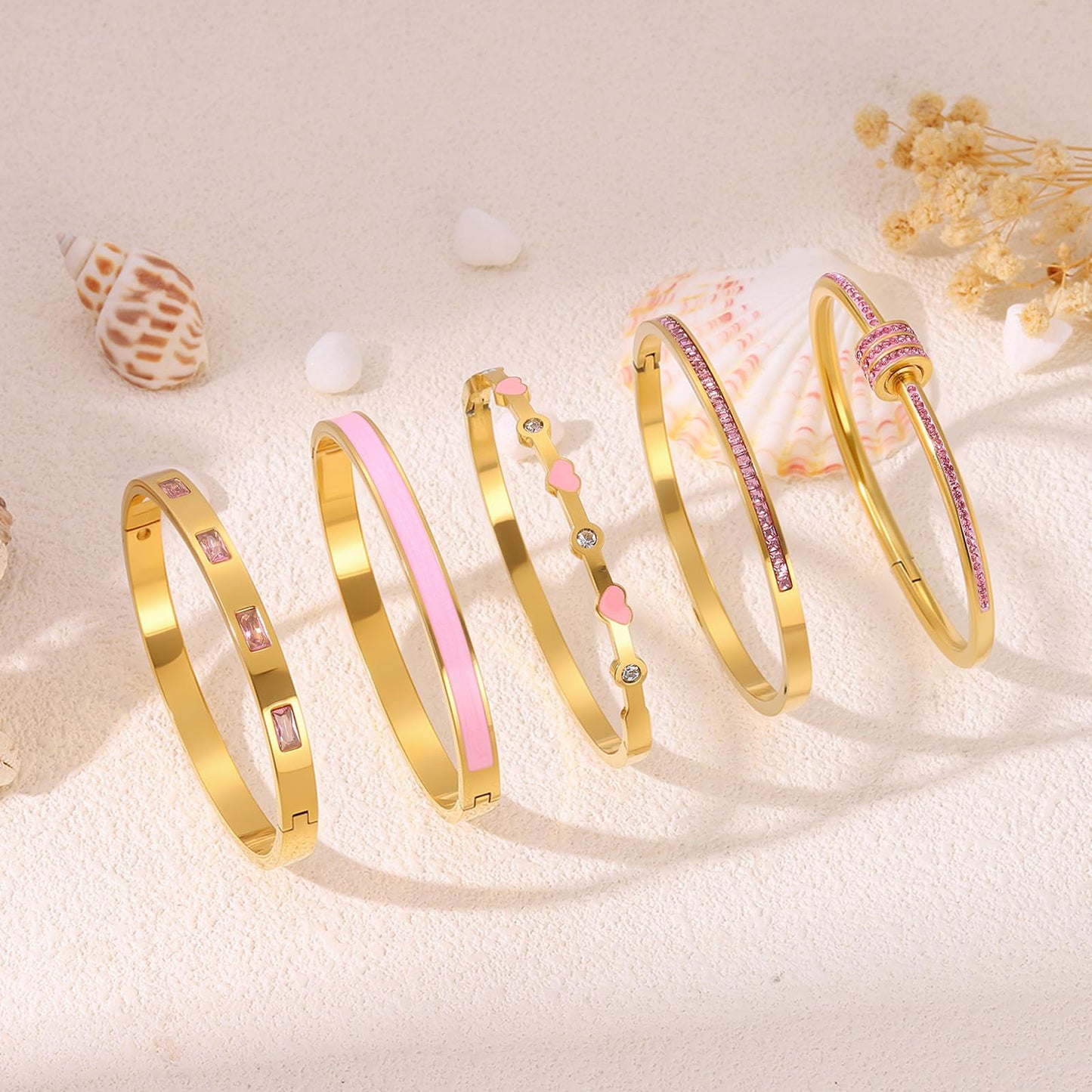 Camhanno 18K Gold Plated Stainless Steel 5-Piece Gold Bangle Bracelet Set for Women - Pink Crystal Friendship & Love Heart Design, Stackable Bangles Jewelry - Ideal Birthday Gift for Women (Pink)