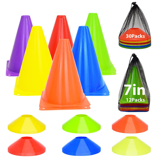 Tialero 42/84Pcs Soccer Cones Set, 12Pcs 7" Cones Sports with 30Pcs Disc Cones & Mesh Bag, Soccer Cones for Training, Cones for Sports Training, Soccer Training Cones(42 Packs, Multicolor)