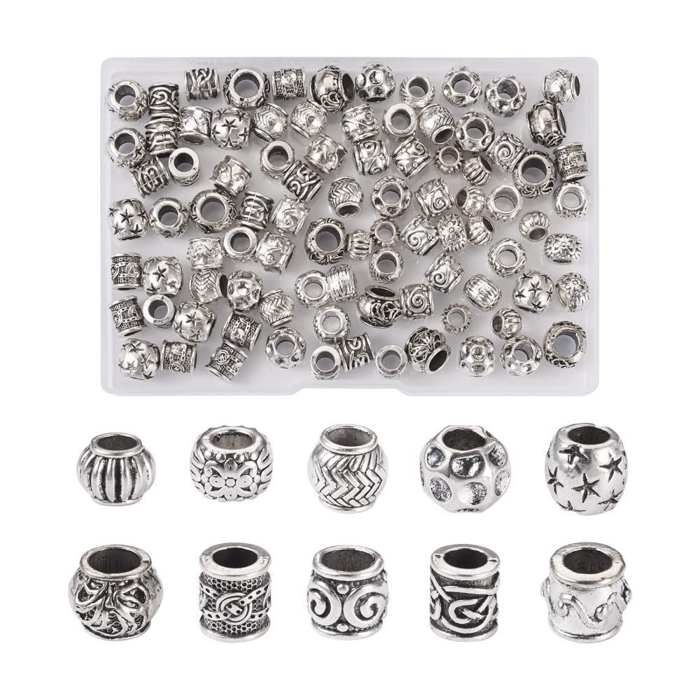 Craftdady 100pcs Antique Silver Barrel European Beads Tibetan Metal Drum Loose Beads Large Hole Rondelle Column Spacer Beads with Wavy Pattern for Jewelry Making Hole: 4-6mm