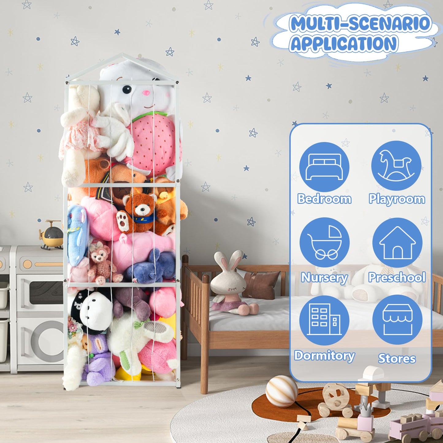 NomNest Stuffed Animal Storage Zoo, Large Carbon Steel Plushies Organizer, Heavy Duty Metal Teddy Bear Toy Holder for Kids' Bedroom & Playroom & Nursery (Non-Wheeled, White)