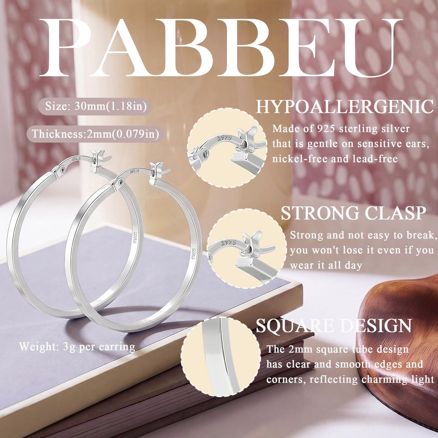 PABBEU 925 Sterling Silver Hoop Earrings Hypoallergenic Silver Hoop Earrings Lightweight Large Hoop Earrings for Women with 925 Sterling Silver Post 20/30/40/50/60/70mm