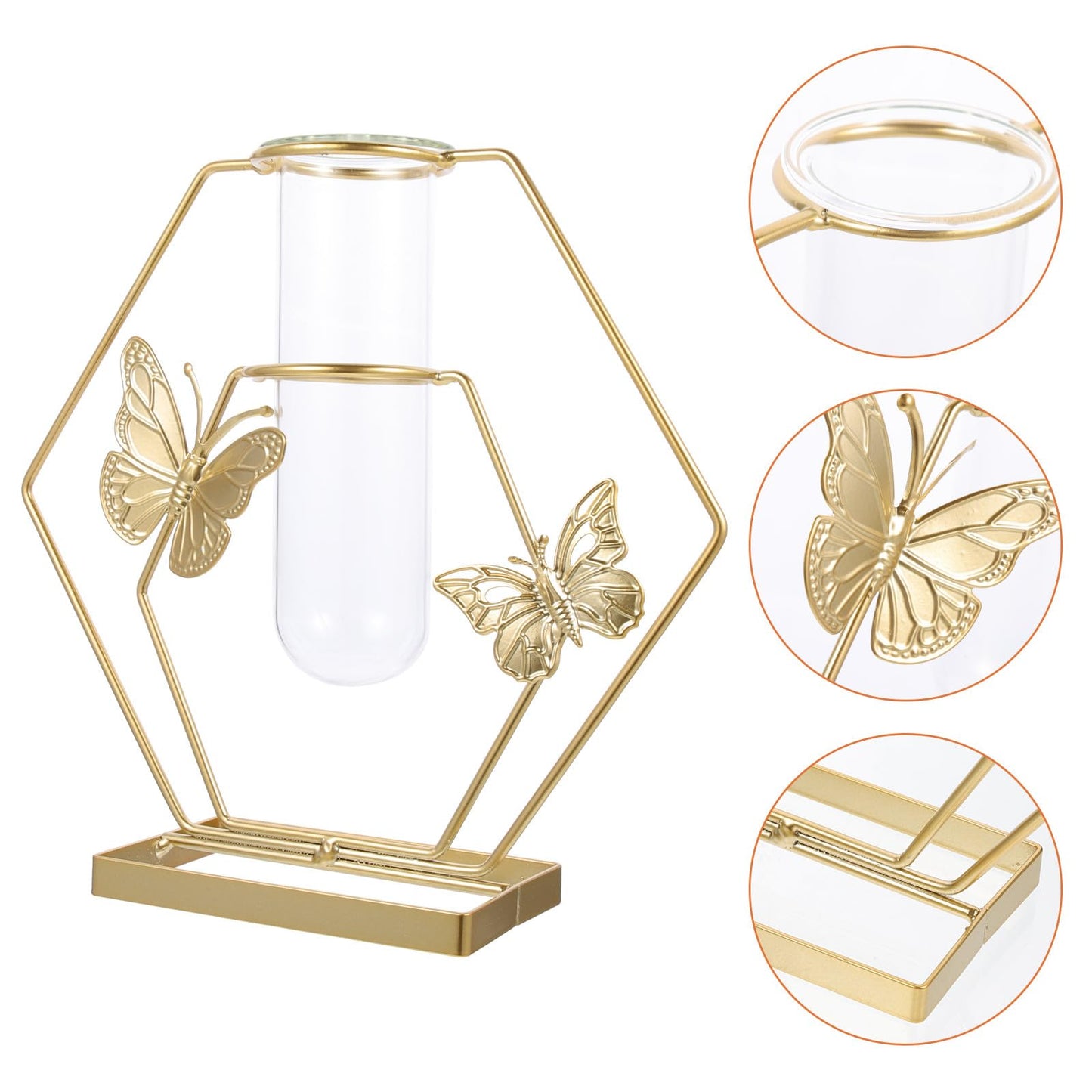 JOINPAYA Hydroponic Glass Flower Vase with Metal Hexagonal Frame, Butterfly Pattern Decorative Desktop Terrarium, Delicate Plant Holder for Home and Office Décor