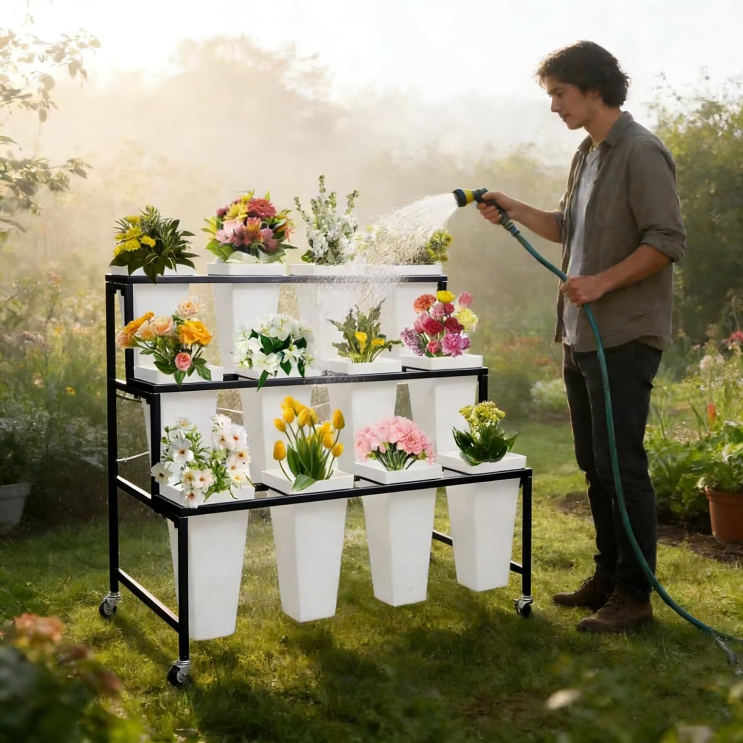 Flower Display Stands With Buckets, With 12pcs Buckets, 3-Tier Rolling Flower Bar,Heavy Duty Metal Flower Cart,For Indoor/Outdoor Use, Wedding Decor & Florist Displays (B - Black frame, white bucket)
