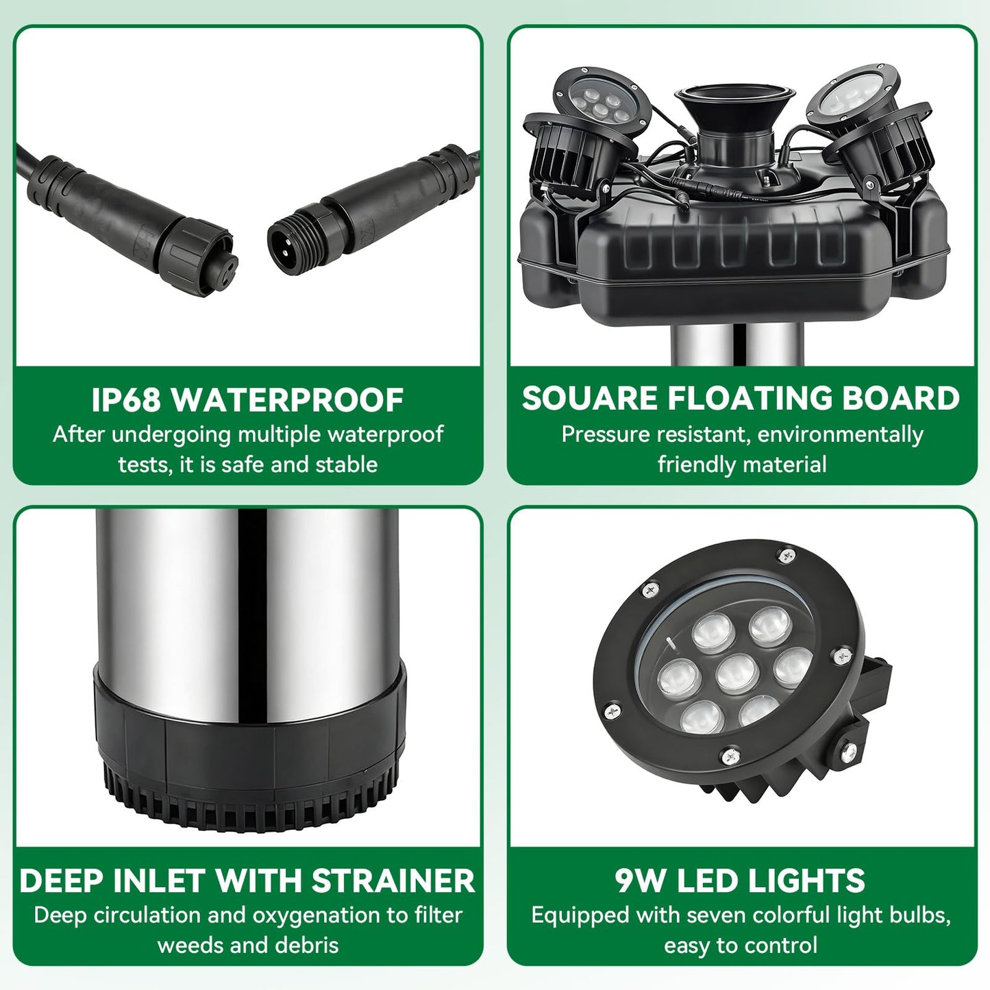 MEISHUNDA Pond Fountain Aerator,1HP 750W 110V Floating Pond Fountain Pump with Timer and 100FT Power Cord (4 LED Light, 1)