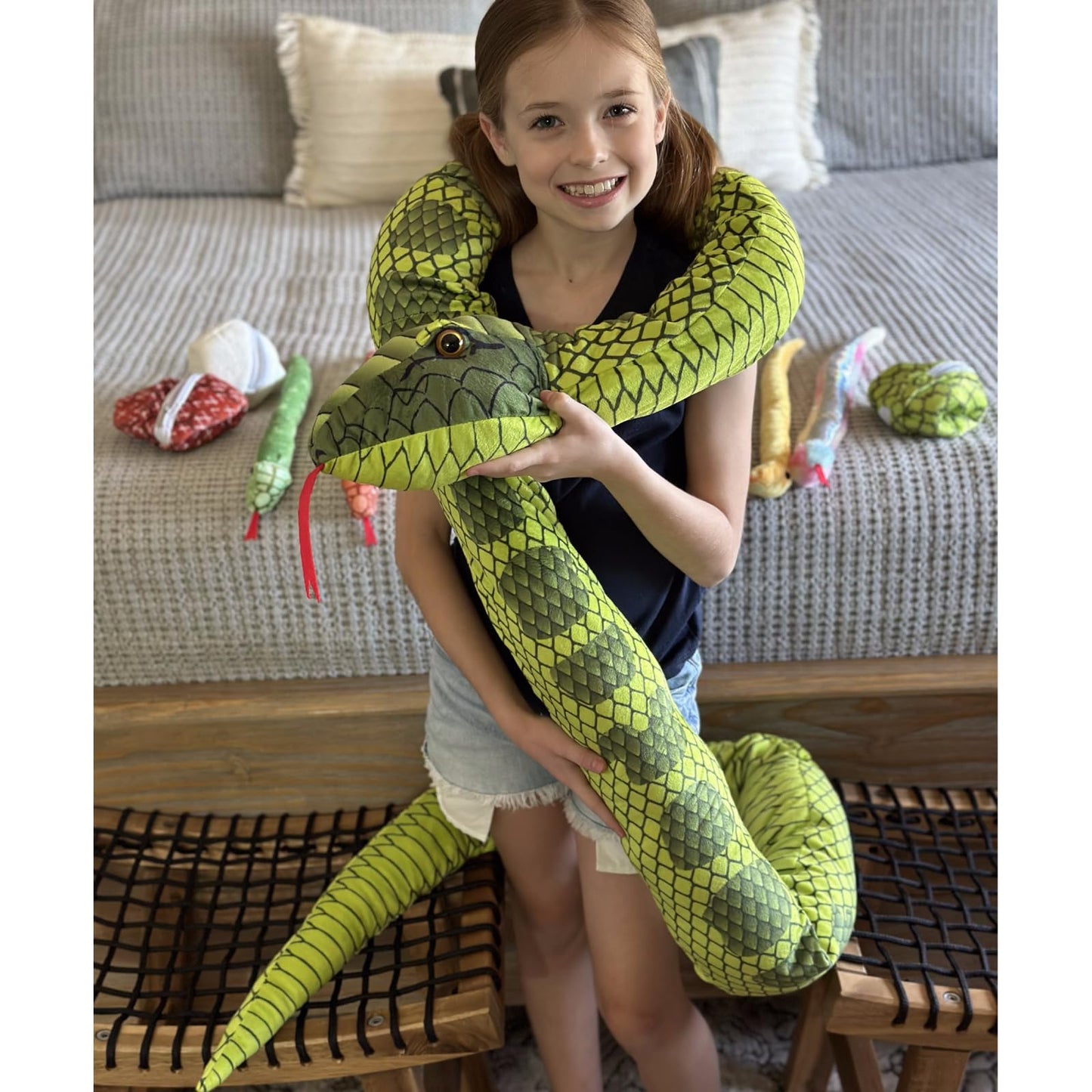MaoGoLan 118 inch Giant Green Stuffed Snake, Realistic Mommy Snake with 4 Babies & 3 Eggs Plush Toy, Large Green Boa Constrictor Stuffed Animal for Boys Girls Kids Christmas Easter Gift