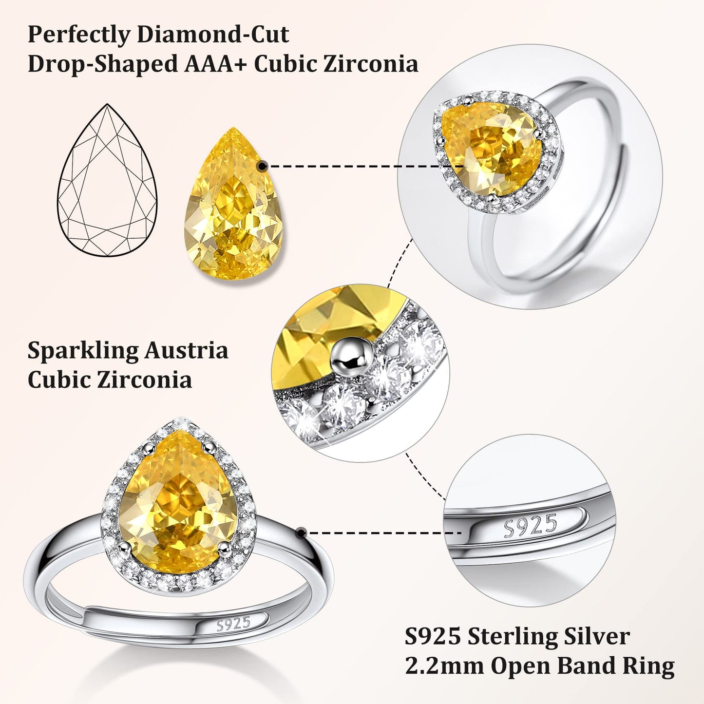 Bestyle S925 Sterling Silver Teardrop Crytsal Rings, Dainty November Critine Crystals Birthstone Rings, Anniversary/Mother’s Day/Birthday Jewelry Gifts for Women Mom/Wife/Sister/Best Friend