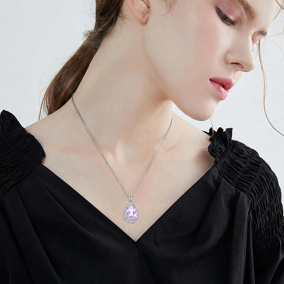POPLYKE Sterling Silver Birthstone Filigree Teardrop Necklace Filigree Pendant Jewelry Gifts for Women