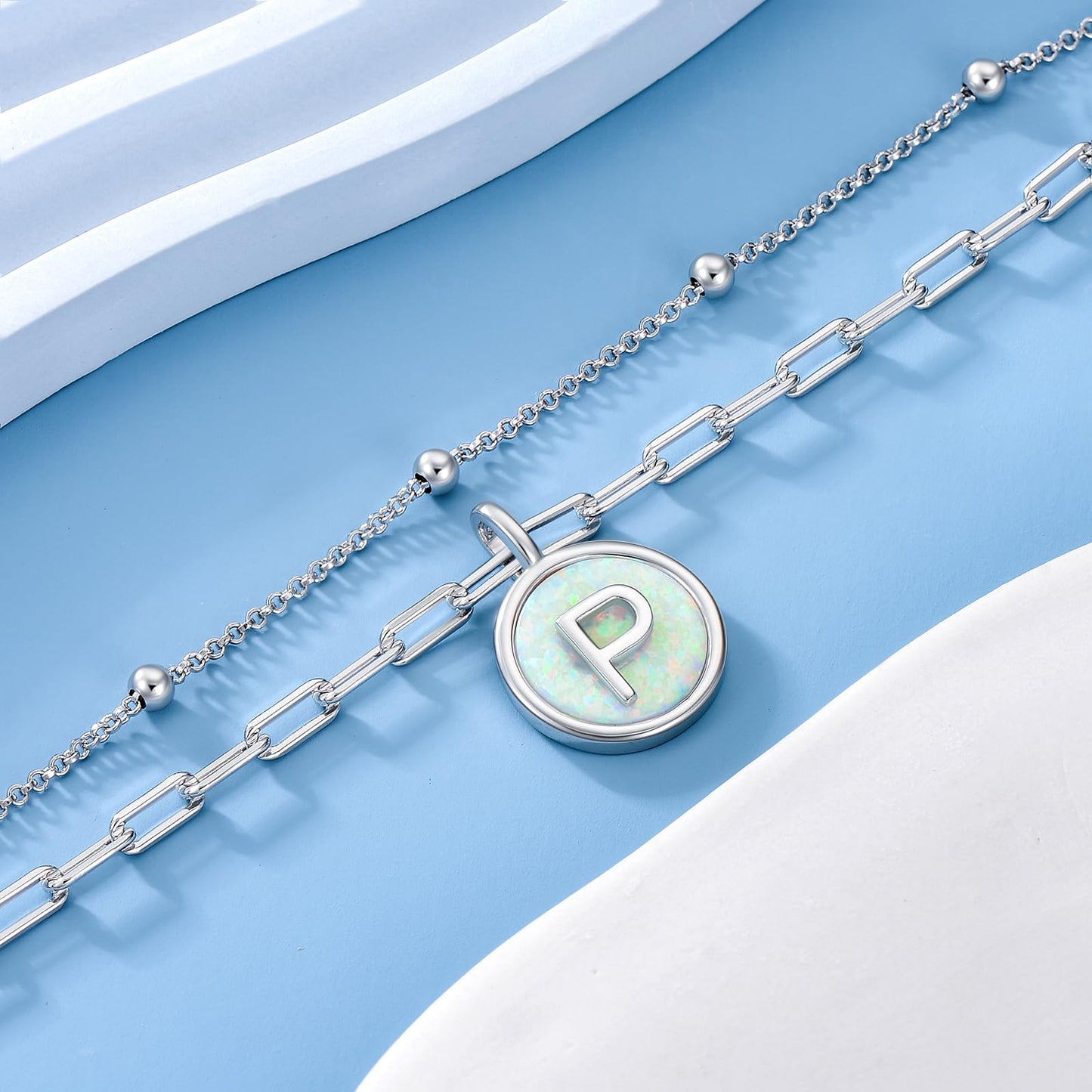 LWQQWL Initial P Bracelet for Women 925 Sterling Silver Layered Initial Bracelet Opal Letter 26 Alphabet Jewelry Christmas Gifts