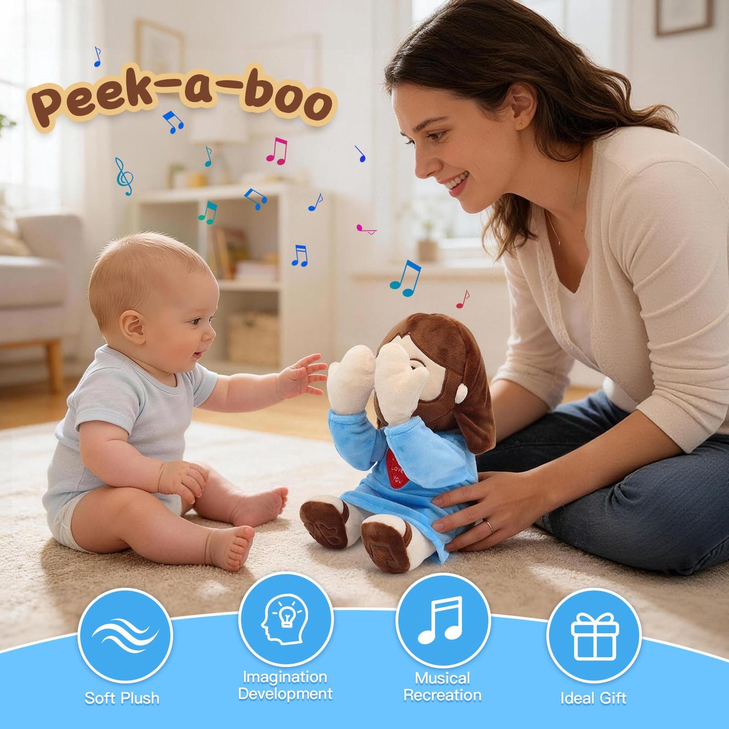 Yelakey Jesus Plush Peek A Boo Toy, Jesus Stuffed Doll Religious Plushie with 15 Bible Songs for Kids Christmas Easter Gifts 10''