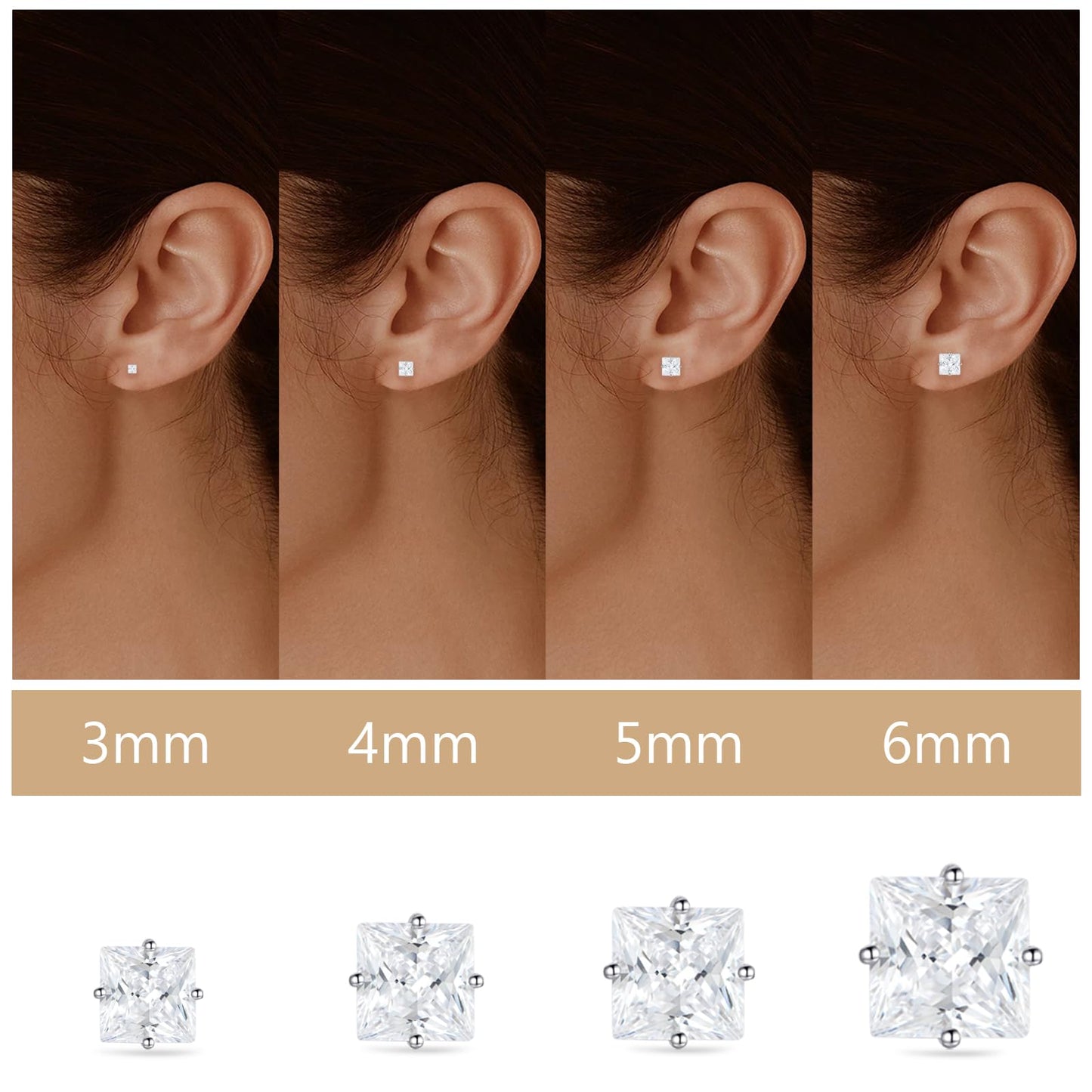 Limerencia G23 Pure Titanium Earrings F136 Implant Grade Titanium Studs 20G Hypoallergenic Round Cubic Zirconia/Princess-Cut/Square/Ball Earrings for Women Men Sensitive Ears(6mm Square CZ)