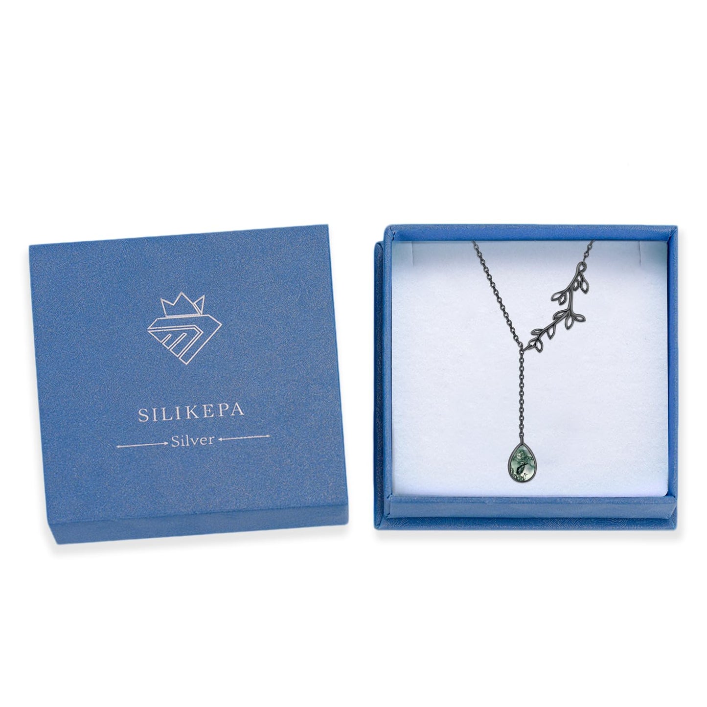 Silikepa Leaf Necklace for Women 925 Sterling Silver Black Leaf Pendant Necklace Y Chain with Moss Agate Jewelry Gifts for Women