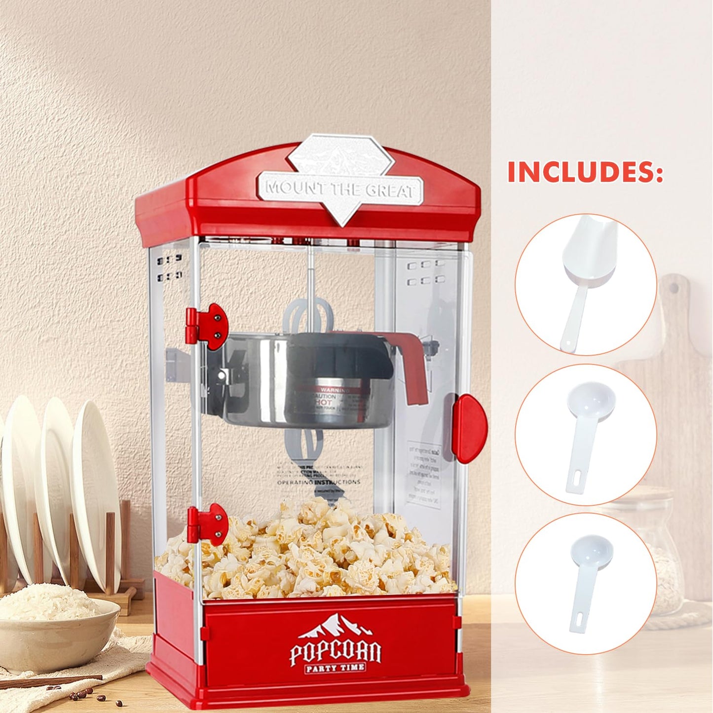 Nyddle Popcorn Machine with Cart, Wheels & 10 Oz Kettle Popcorn Maker, Movie Theater Popcorn Maker Machine, Home Theater Popcorn Popper Measuring 3 Plastic Spoons