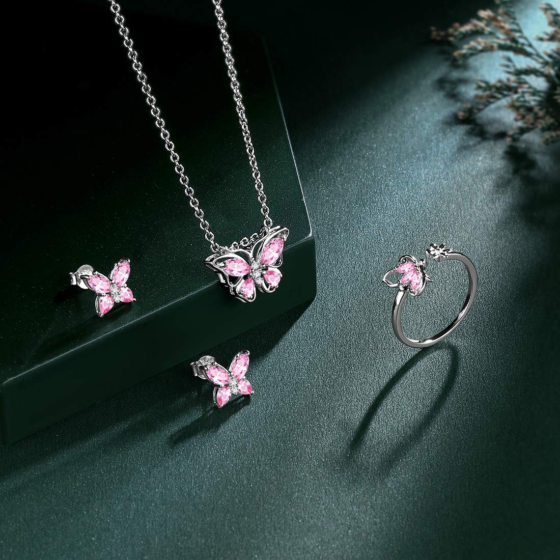 Hipunk Butterfly Pink Jewelry Sets Birthstone Women 925 Sterling Silver October-Tourmaline Birth Stone Animal Butterflies Jewelry Sets/Earring/Ring Set Crystal Birthday Jewelry SS0002O