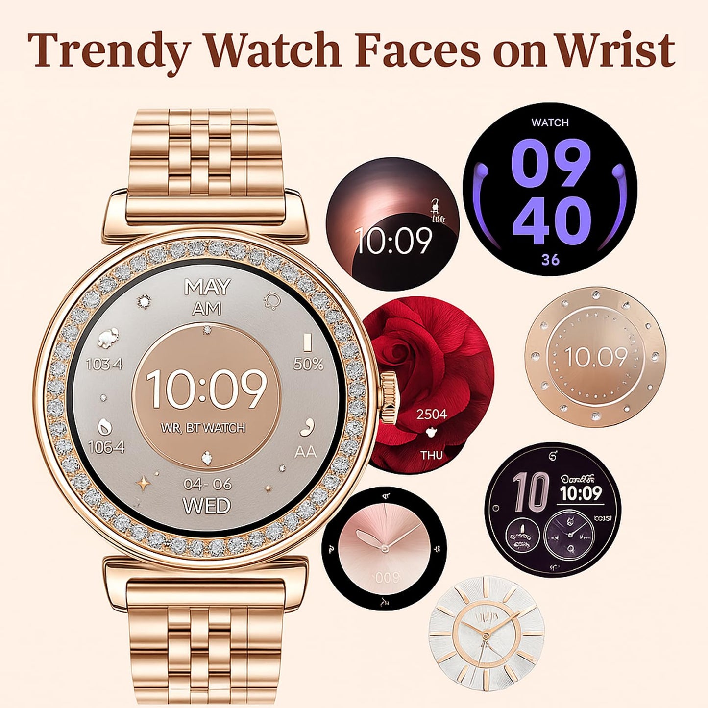 Smart Watches for Women Fitness Tracker with Diamonds Multi-Sport Modes Heart Rate Monitor Sleep Monitoring Bluetooth Calls Female Helath 1.27" Dainty Smartwatch for Android iOS Rosegold Mix