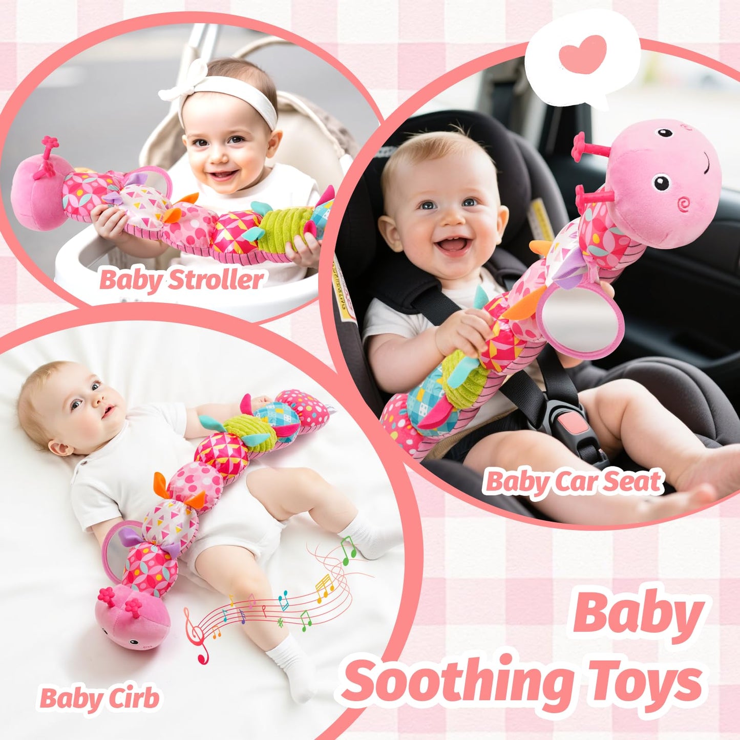 Baby Toys 0-6 Months, Musical Caterpillar Plush Toy with Rattles,Crinkle Sound, Mirror, Newborn Sensory Toys for Infants Developmental Stuffed Animal with Tummy Time for Boys Girls 6-12 Month (Pink)