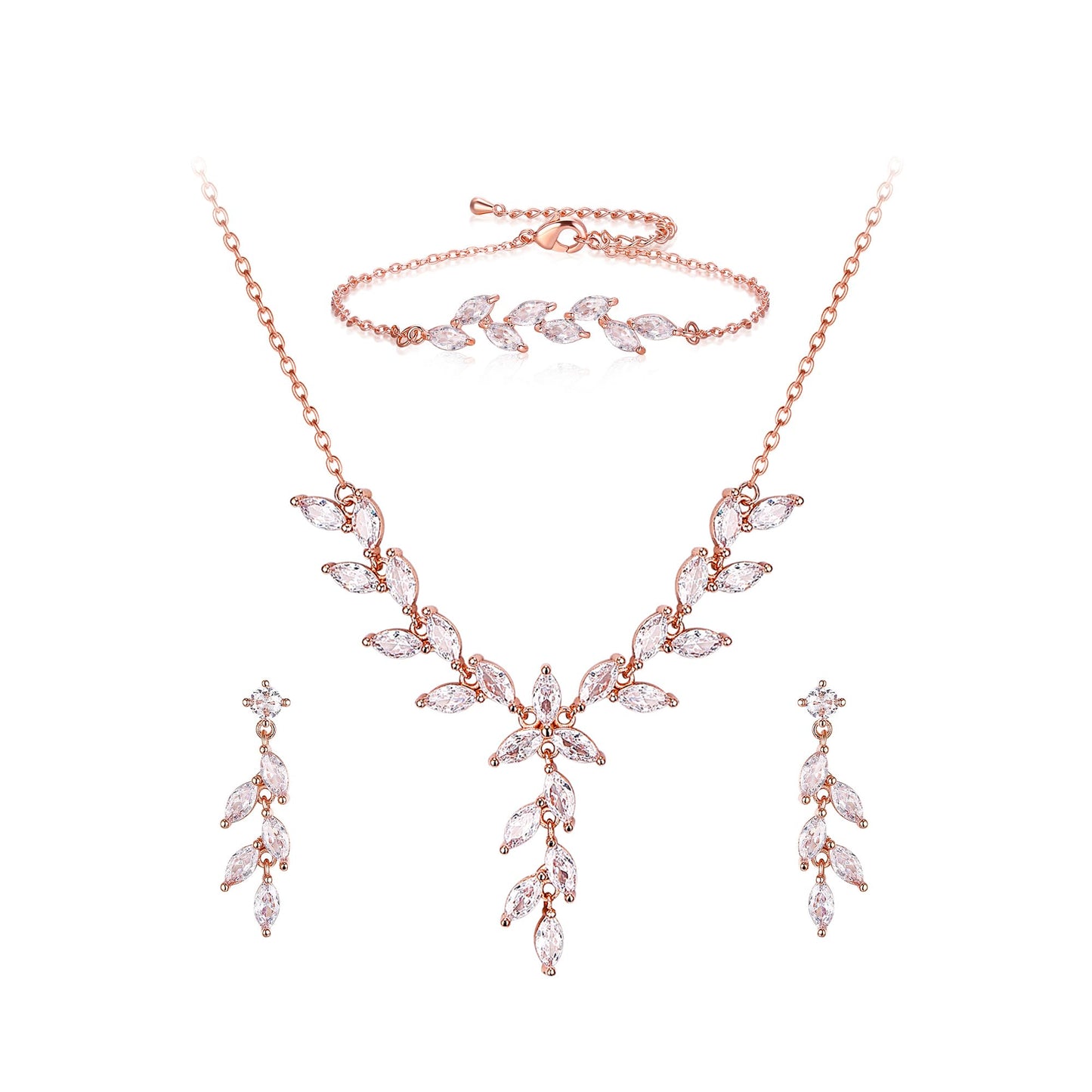 EVER FAITH Wedding Cubic Zirconia Jewelry Sets for Bride Bridesmaid, Sparkly Marquise Leaf Necklace Dangle Earrings Bracelet Set for Woman Clear Rose Gold-Plated-Brass