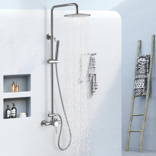 RBROHANT Outdoor Shower, Wall Mount Outdoor Shower Kit, Outside Shower Faucet with Height Adjustable Rain Shower and Handheld, Exposed Shower System for Pool, Wall Mounted, Polished Chrome, JK0146