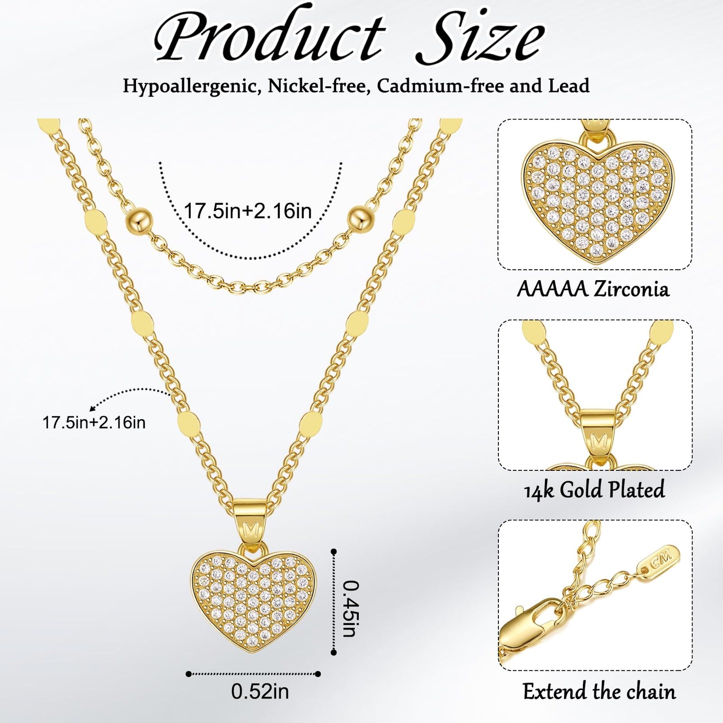 MEIITRUE Heart Necklaces for Women Trendy 14k Gold Plated Dainty Layered Necklace Set Cubic Zirconia Pendant Choker Personalized Beaded Chain Stackable Jewelry Gift
