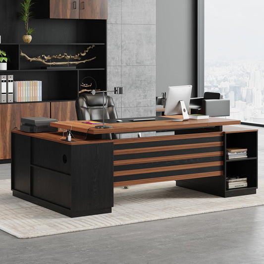 Epecoya L-Shaped Executive Desk with Drawers, 78-Inch Large Home Office Desk with Power Outlet and Lateral File Cabinet, Modern Computer Table with Open Shelf and Storage Cabinet for Home, Brown Black