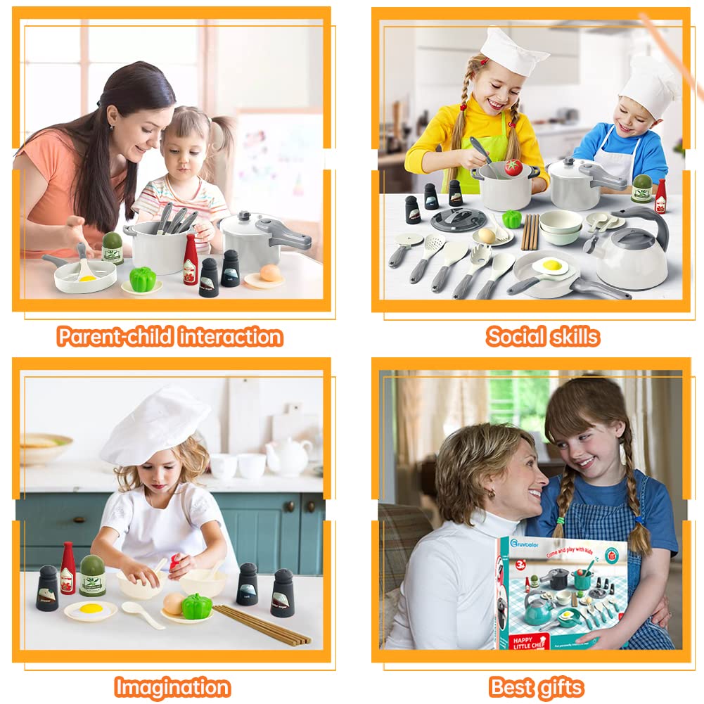 Bruvoalon 32Pcs Kids Play Kitchen Toys Set, Toddlers Pretend Cooking Playset Acccessories with Pots Pans, Utensils Cookware, Foods, Canned Veges, Learning Gift for Kids Girls Boys (White)