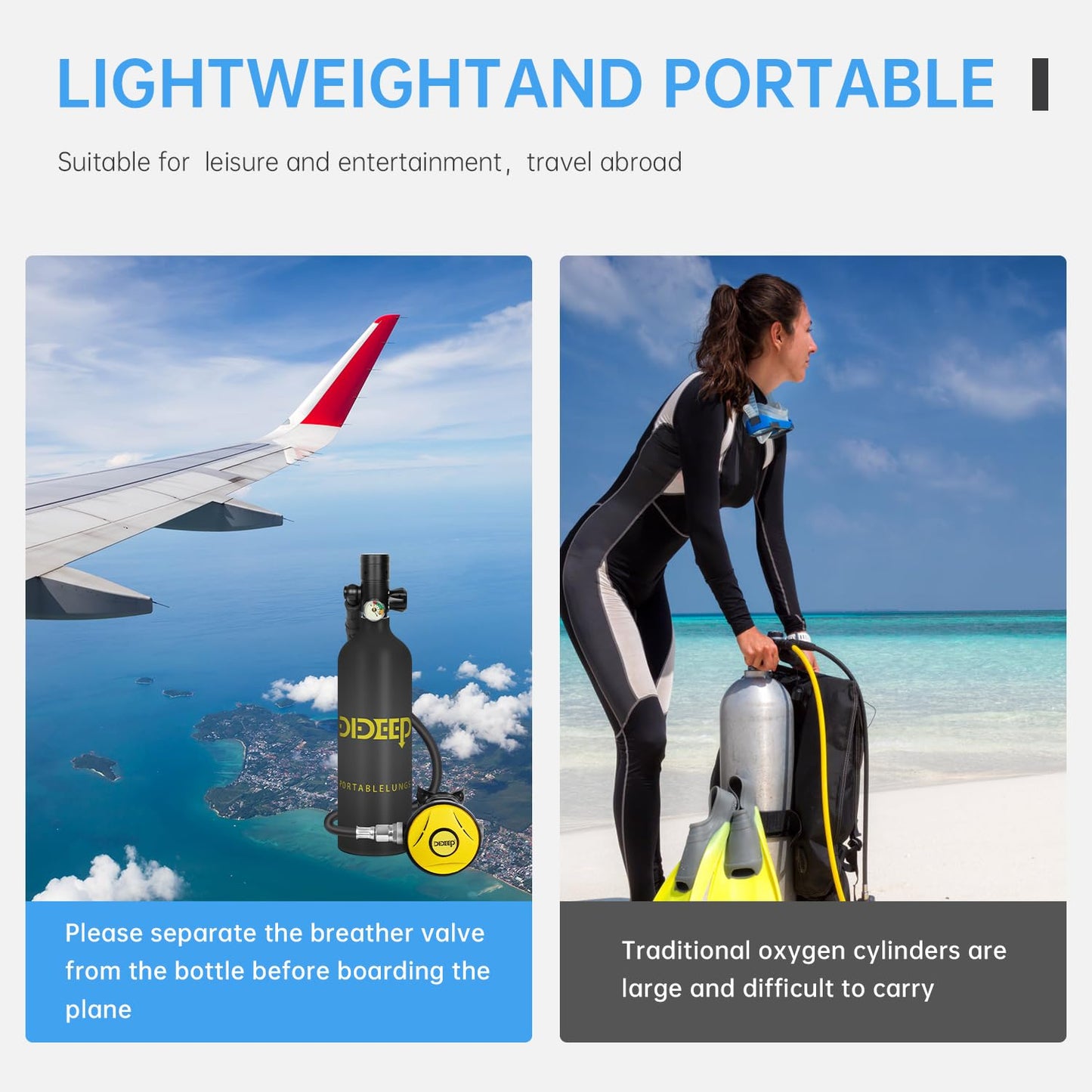 DIDEEP Scuba Tank 1L Capacity Mini Scuba Tank Support About 15-20 Minutes Underwater Breathing Portable Lung Tank with High Pressure Hand Pump for Emergency Rescue Underwater Exploration(Black)