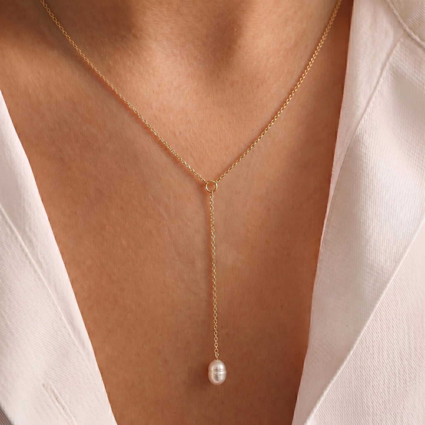 Tewiky Pearl Drop Necklace, Simple Gold Jewelry Dainty Long Gold Necklaces for Women Trendy Gold Plated Pearl Lariat Necklace Delicate Bridesmaid Jewelry Y Necklace for Women