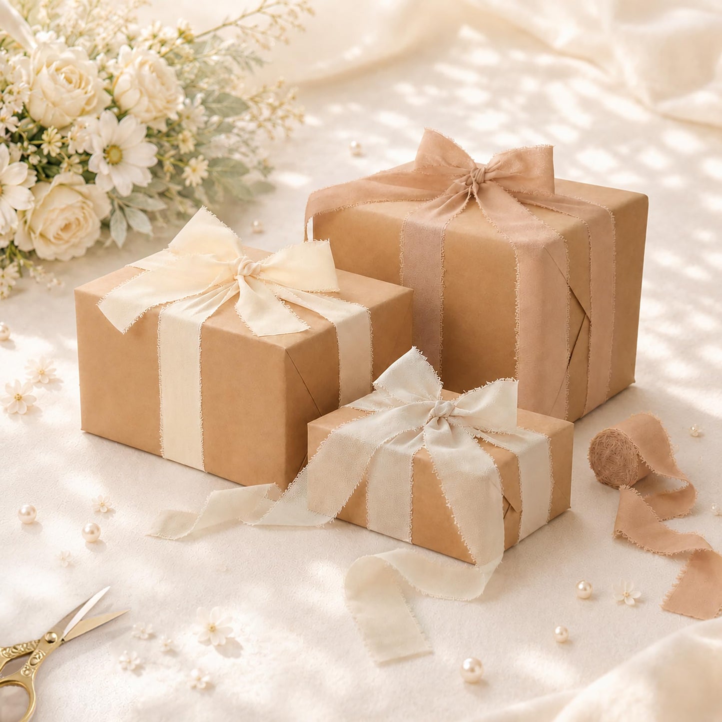 DORIS HOME Nude and Ivory Chiffon Ribbon for Flower Bouquet, 1.5" x21Yd Fabric Ribbon for Gift Wrapping, Handmade Frayed Ribbon for Wedding Christmas Decorations