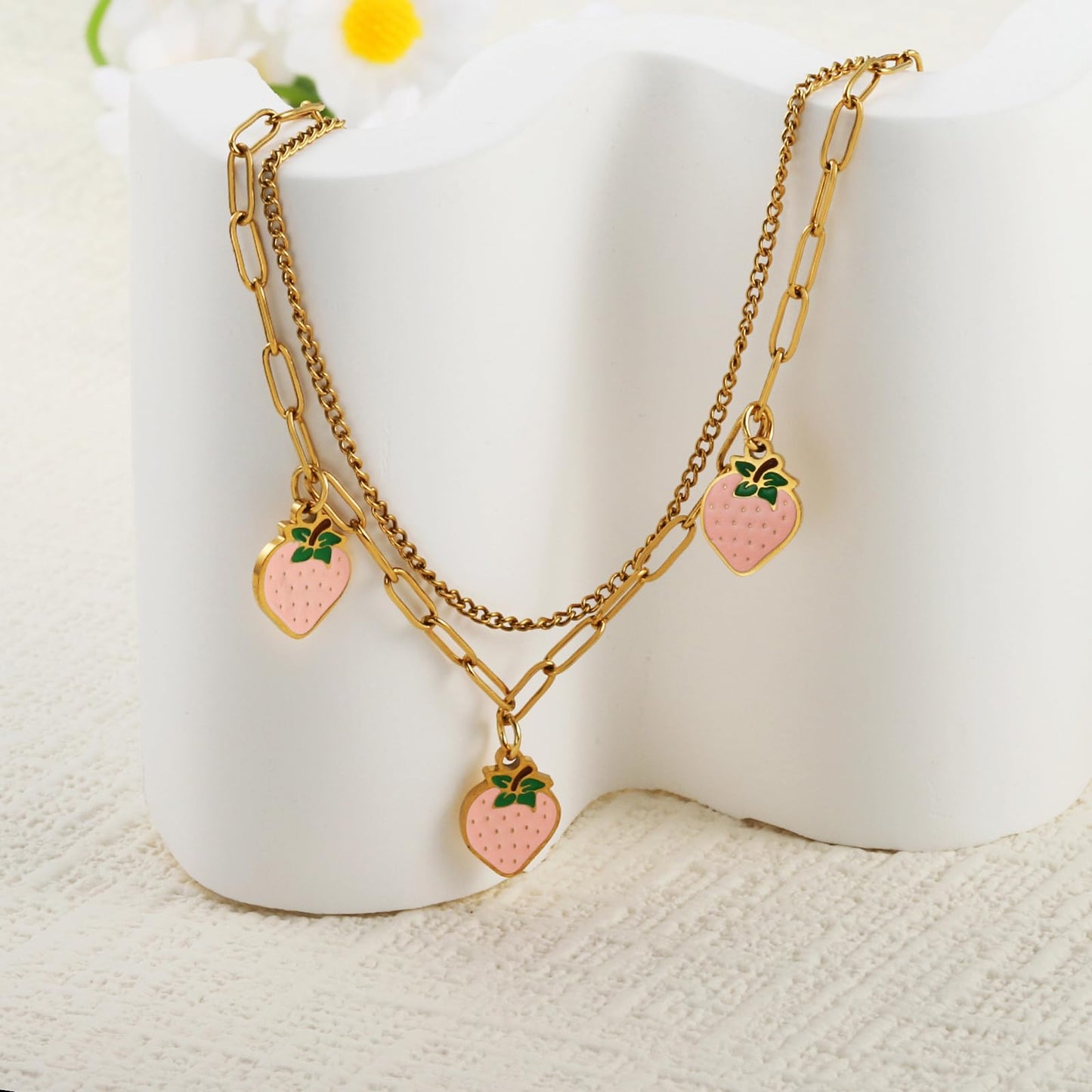 LCTrusttmor Gahna Strawberry Bracelets for Women, 18K Gold Plated Pink Strawberry Fruit Charms with Adjustable Layered Chain Link for Women Summer Jewelry Gifts
