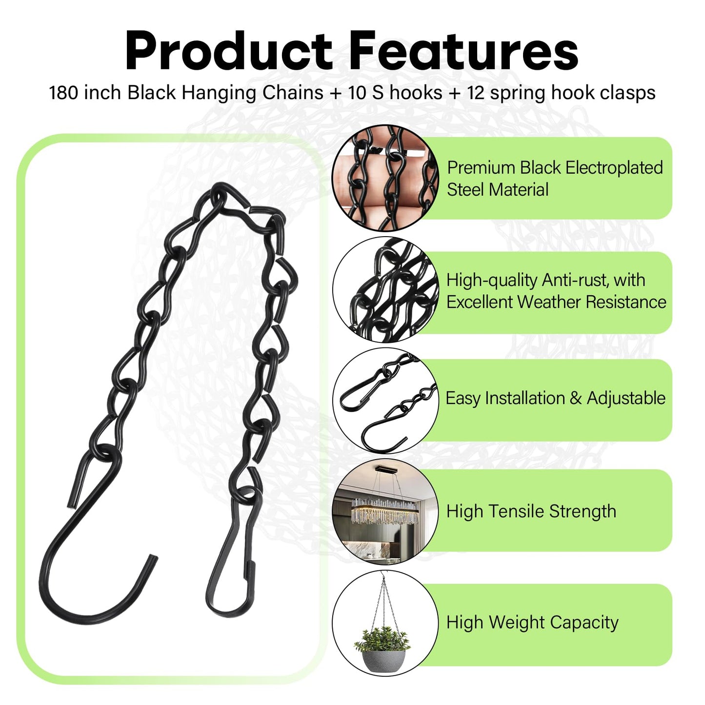 ZUZUAN Upgraded 180”Heavy Duty Metal Hanging Chains with Hanging Basket Hooks Set for Planters,Birdcage,Birds Feeder,Grow Lights,Lanterns,Billboards,Wind Chime and Ornaments,Chain Hooks DIY,Black