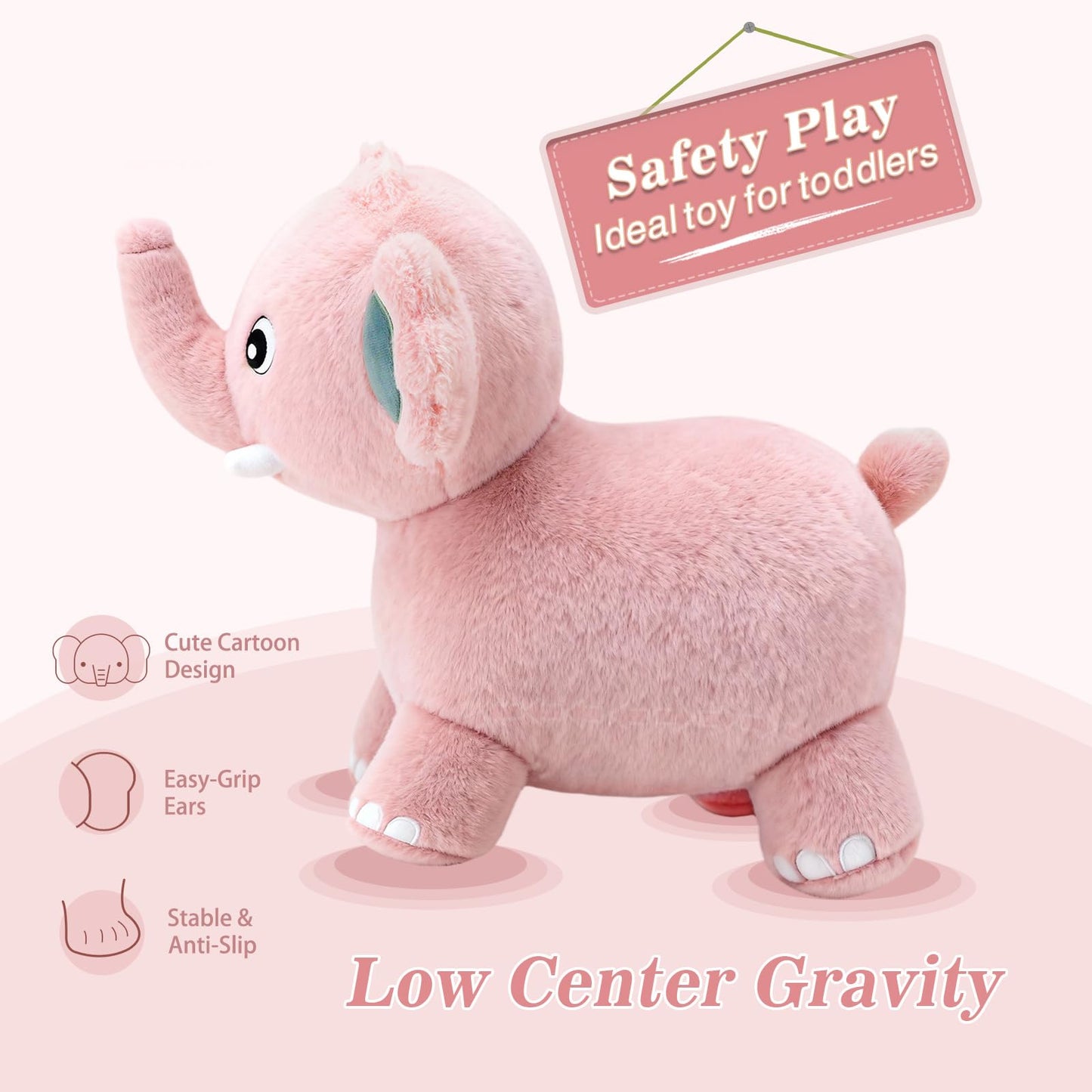 INPANY Bouncy Horse, Elephant Hopper Toys, Toddler Plush Bouncing Animal, Kids Inflatable Ride on Rubber Bouncer, Outdoor Birthday Gift for 2 3 4 Yr Boy Girl, Pink