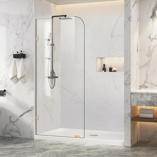 Shower Glass Panel 36" W ×78" H Fixed Frameless Shower Door in Brushed Gold 5/16"(8mm) Thick Clear Tempered Glass Panel with Clamps Bathroom Screen for Walk in Shower