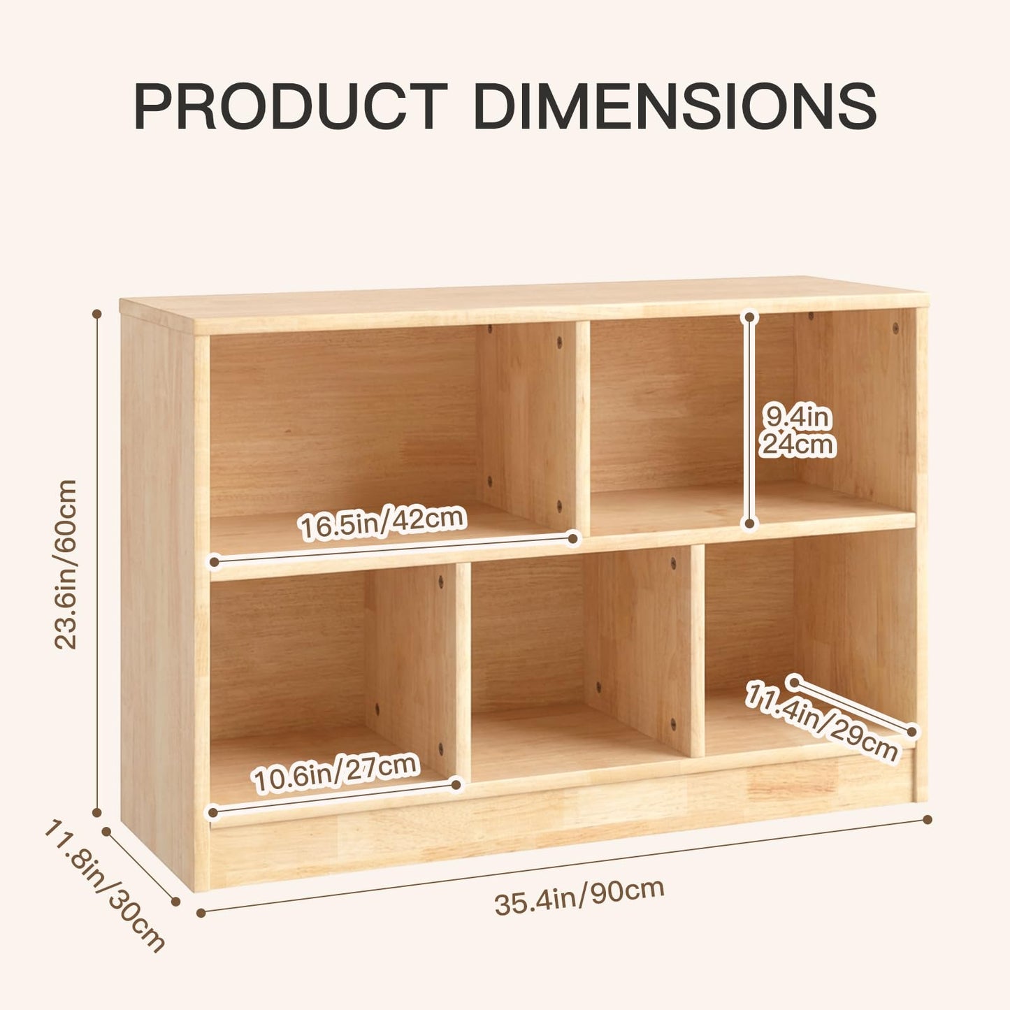 PTINFLUCE Rubber Wood Montessori Shelf, Wooden Toy Storage Organizer for Books Toys, 2 Shelf Bookcase, 5-Section Storage Cabinet, Toddler Book Shelf for Kids Rooms, Playroom, Nursery, Kindergarten