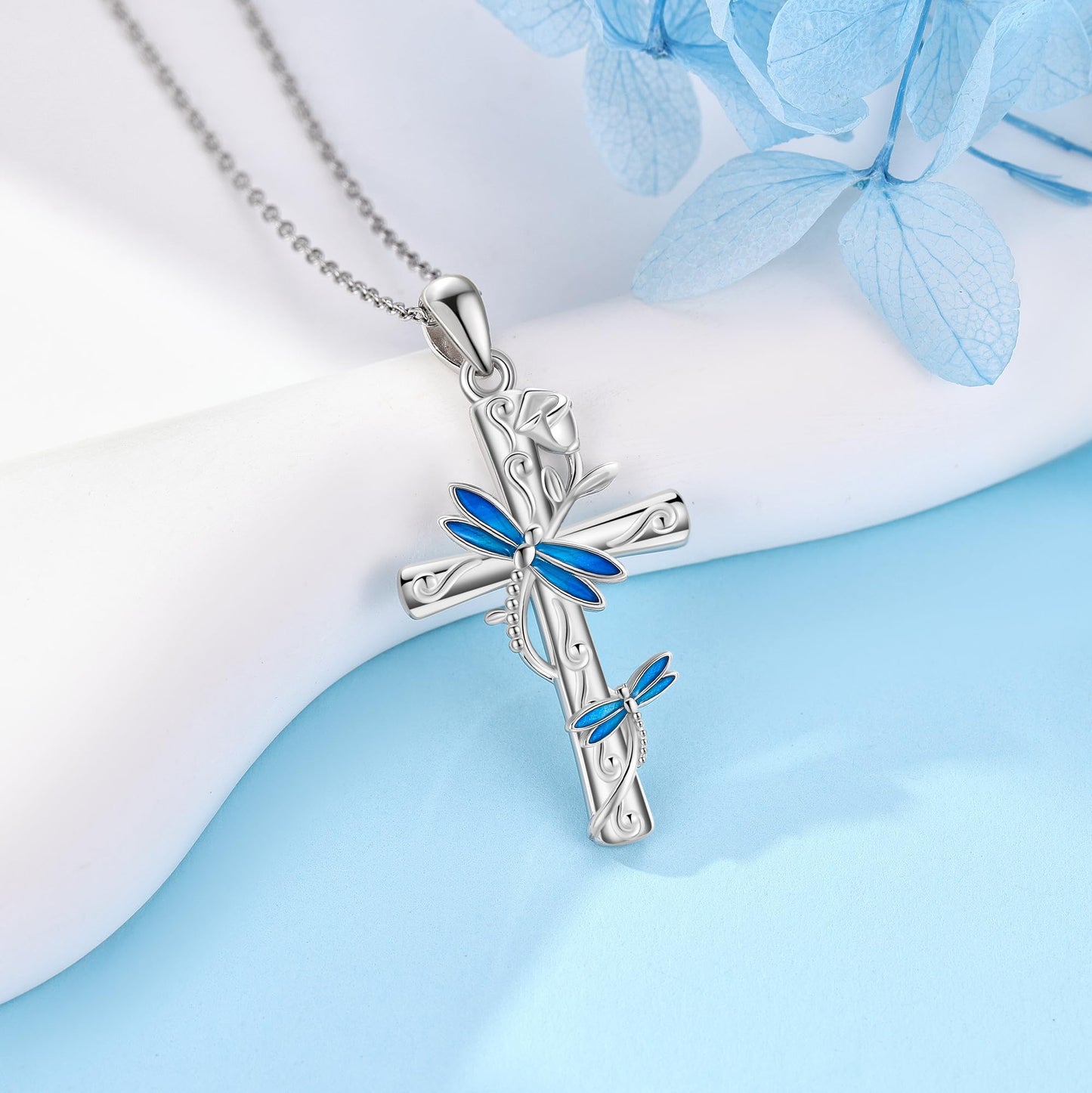 AXOMY Dragonfly Cross Necklace 925 Sterling Silver Cross Pendant Rose Necklace Dragonfly Jewelry Gifts for Women