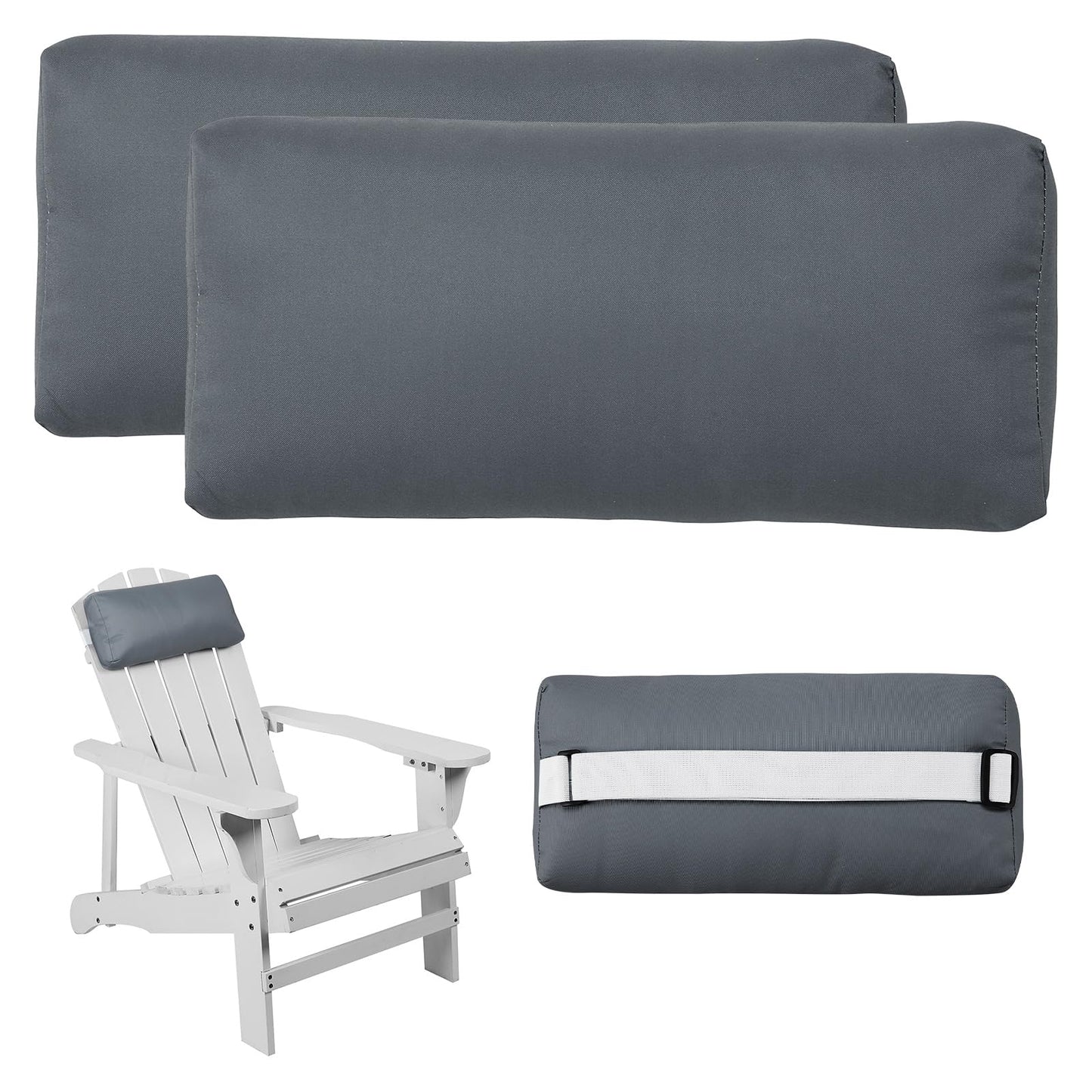Rasugarlary Headrest Pillow for Patio Chaise Lounge Chair, Outdoor Chaise Pillows with Adjustable Elastic Stripe Head Resting Pillows for Recliner Office Chair, Dark-Gray 2 Pack