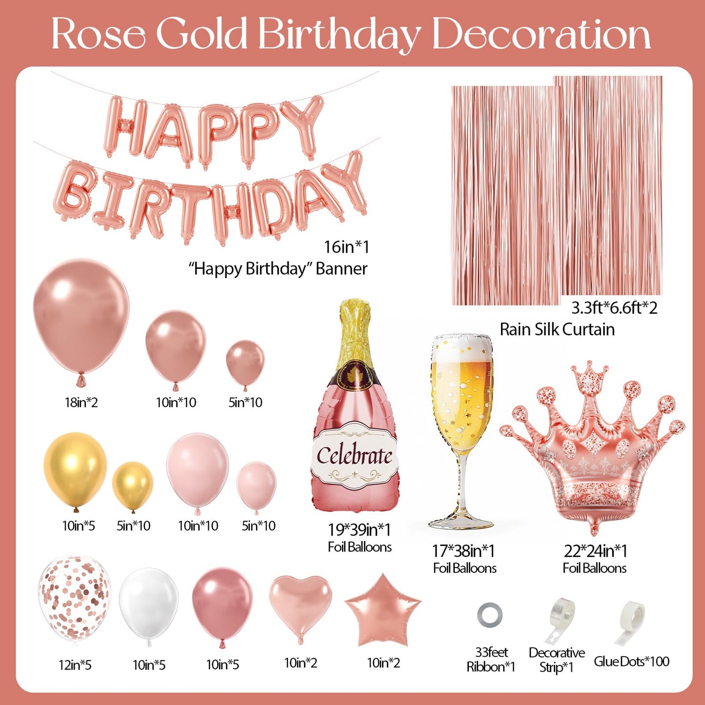 Rose Gold Birthday Decorations for Women, Happy Birthday Decorations with Fringe Curtains, Butterfly Decorations,Rose Gold Balloon Arch Kit for 16th 21st 25 30 40 50th Birthday Decor