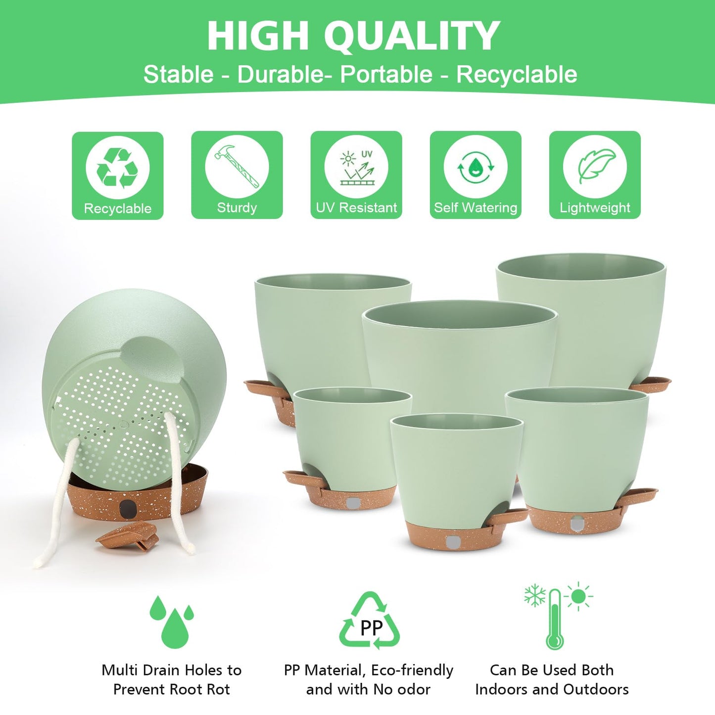 Self Watering Planter Set with Visual Water Level, 6Pack Small Plastic Pot with Drainage Holes and Reservoir Saucers, Modern 8+7+6.5+6+5.5+5 Inch Bottom Watering Flower Pots for Indoor Plant - Green