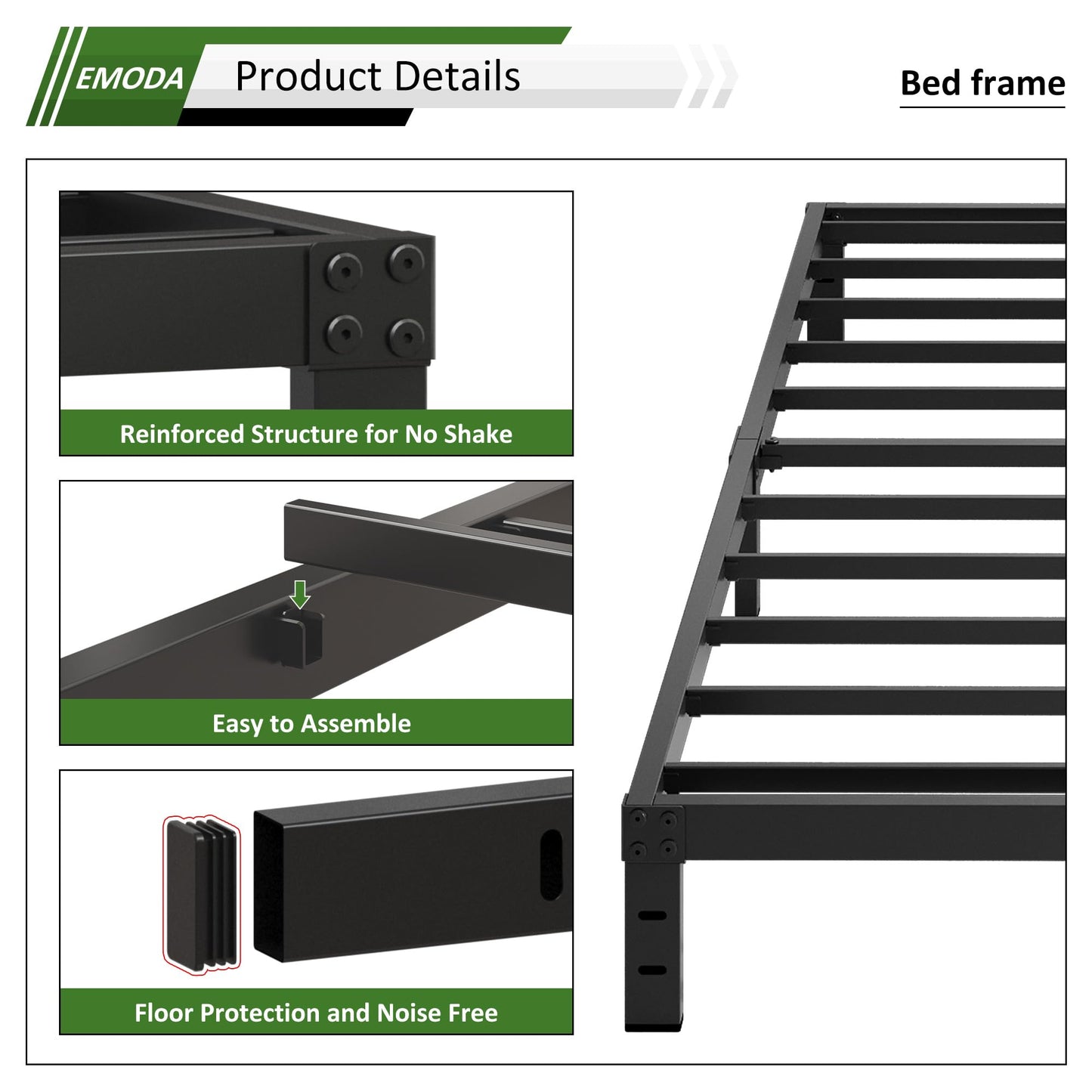 EMODA Queen Bed Frame No Box Spring Needed 10 Inch Heavy Duty Metal Platform BedFrame Queen Size with Steel Slats, Easy Assembly, Black